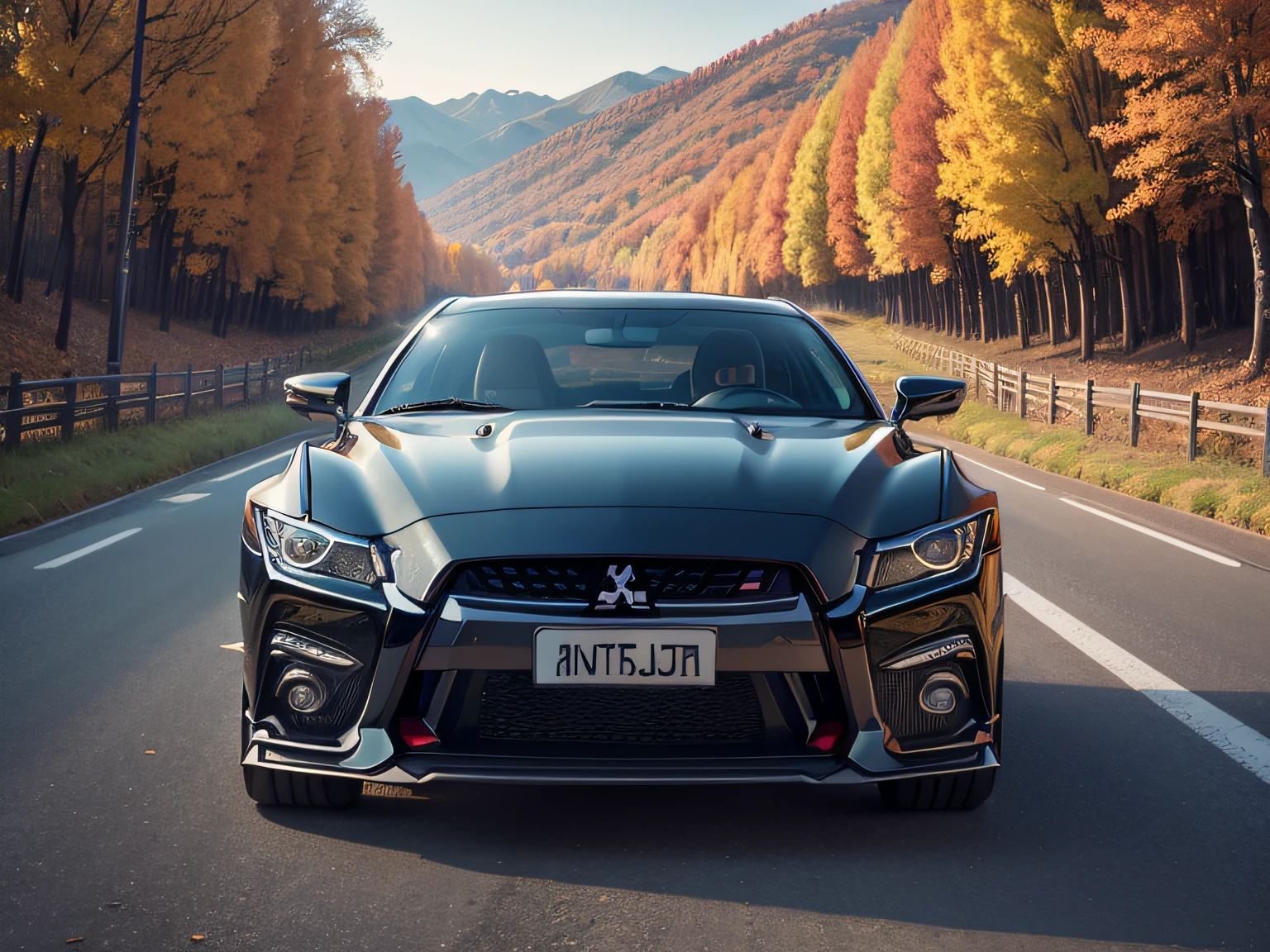 超A high resolution、An ultra-high picture quality、8K、Detailed details、marvelous expression、Late autumn valley、Beautiful autumn leaves、A black car elegantly runs along a mountain pass road、((Mitsubishi/GTO))