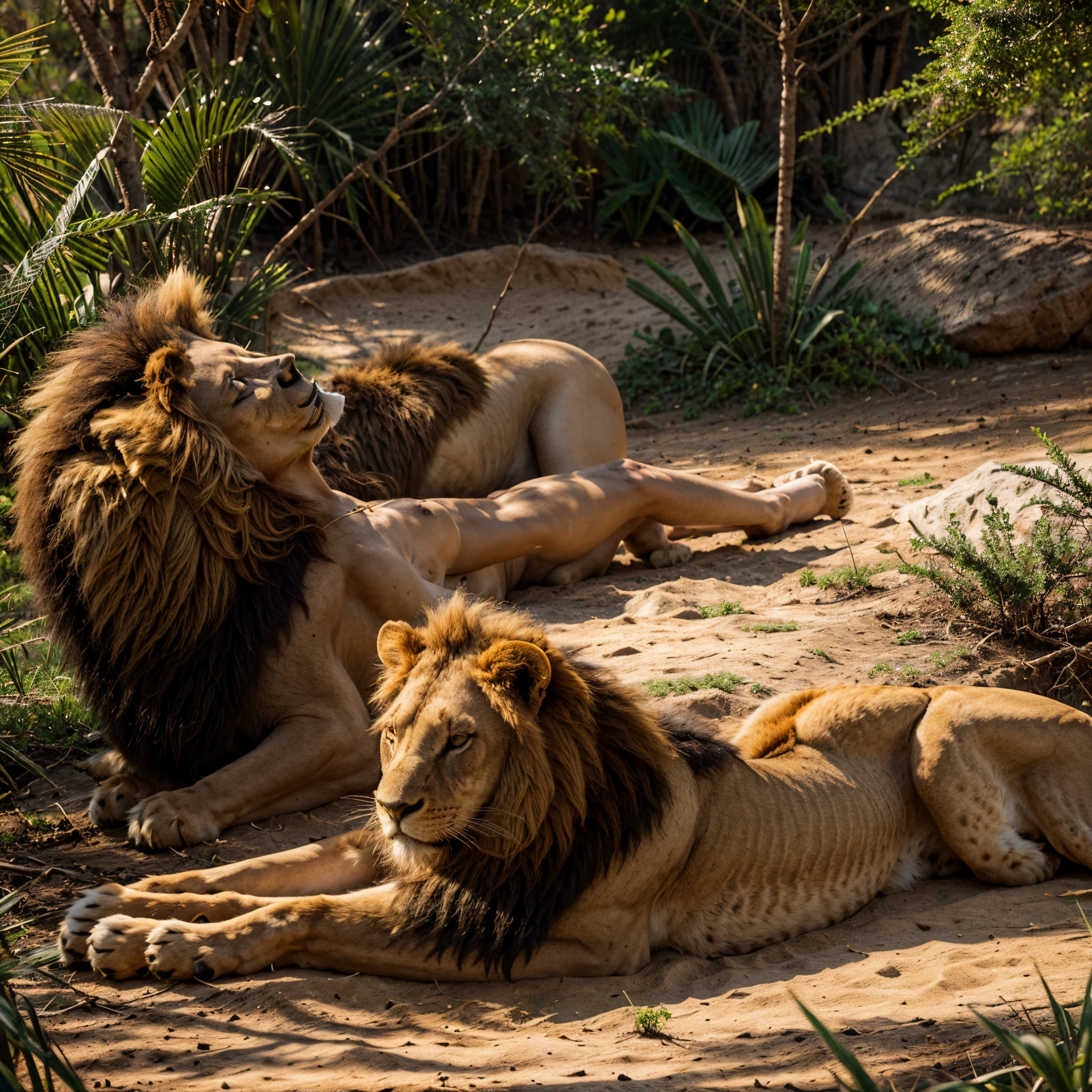 (a majestic lion lying in the savannah), (realista), (com tema natureza, Realistic, Detalhes altos),(melhor qualidade, 4k, 8k, Altas), cores vibrantes, Paleta de cores quentes, Outdoor lighting, atmosfera serena