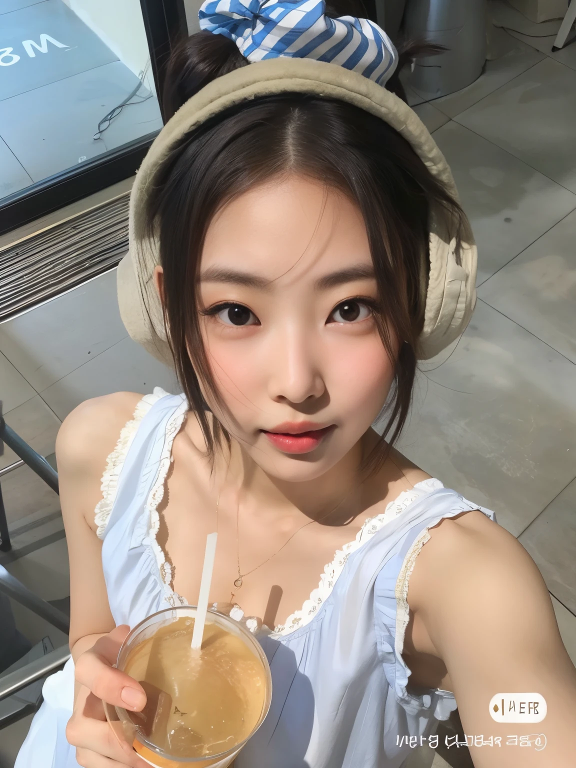 there is a woman holding a drink and wearing a hat, young adorable korean face, young cute wan asian face, Ulzzang, menina bonito-fino-cara, menina coreana, Fotografia selfie 8k, linda mulher coreana jovem, mulher coreana jovem bonita, small heart - shaped face, wan adorable korean face, beautiful aesthetic face, Mulher sul-coreana bonita