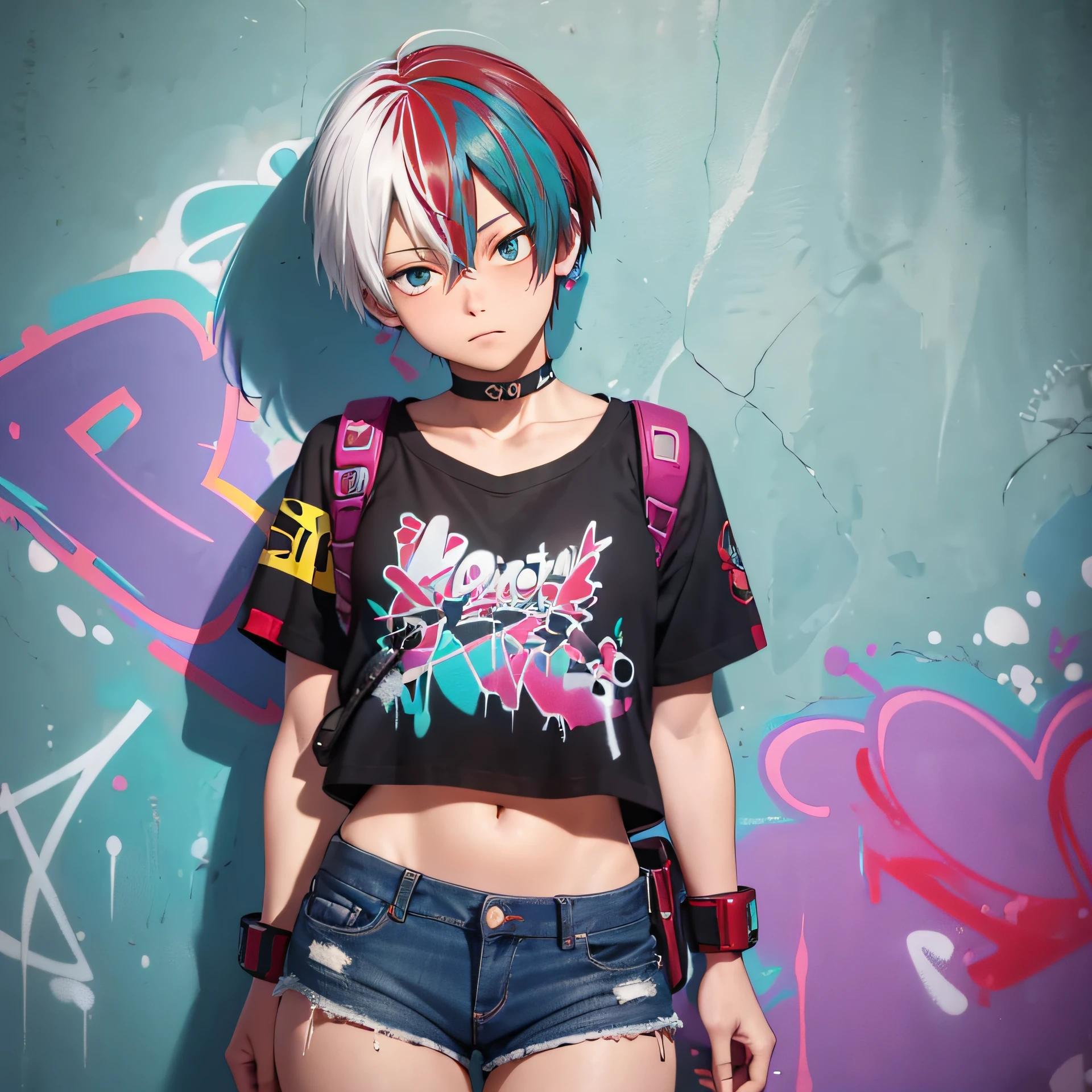 masterpiece, best quality, (extremely detailed CG unity 8k wallpaper, masterpiece, best quality, ultra-detailed, masterpiece, best quality, 1boy, solo, crop top, denim shorts, choker, (graffiti:1.5), paint splatter, arms behind back, against wall, looking at viewer, armband, thigh strap, paint on body, head tilt, bored, multicolored hair, aqua eyes, headset, Shoto Todoroki , clear eyes,