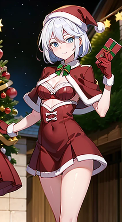 masterpiece, best quality, 1 solo girl, white hair, blue eyes, short hair, wavy hair, Christmas ornaments, medium breasts, mature body and face, red christmas dress, christmas, christmas light, christmas tree, red gloves, red santa skirt, holding gift, red bra, red panty, leg up, cowboy shots, sexy pose, dakimakura, detailed body, face, and eyes, sharp focus, vibrant, creative, dynamic, high definition, high resolution, 8k, (Upscale: R-ESRGAN 4x+ Anime6B), (Image enchance:4x), voluptuous body