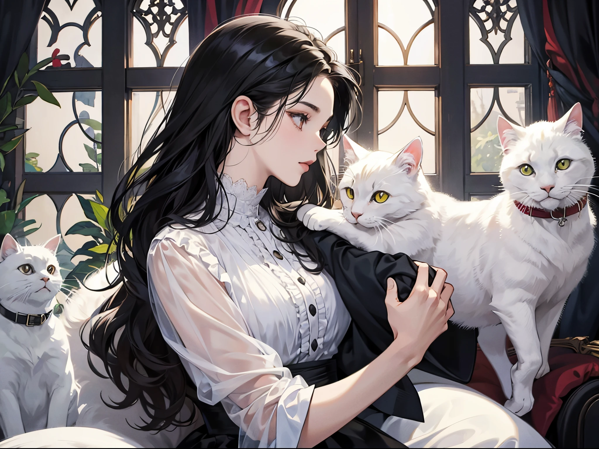 A black-haired girl holding a white cat, Gothic, adult-like