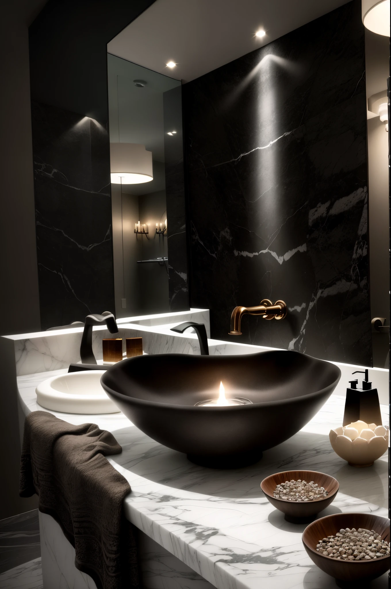 there is a large stone bowl on a counter in a bathroom, accent lighting : : peugot onyx, award winning interior design, dramatic ambient lighting, exquisite details, modern design, modern setting, subtle and compelling lighting, detailed surroundings, magnificent design, premium bathroom design, exquisite detail, pristine and clean design, looking partly to the left, rich lighting, dark vignette