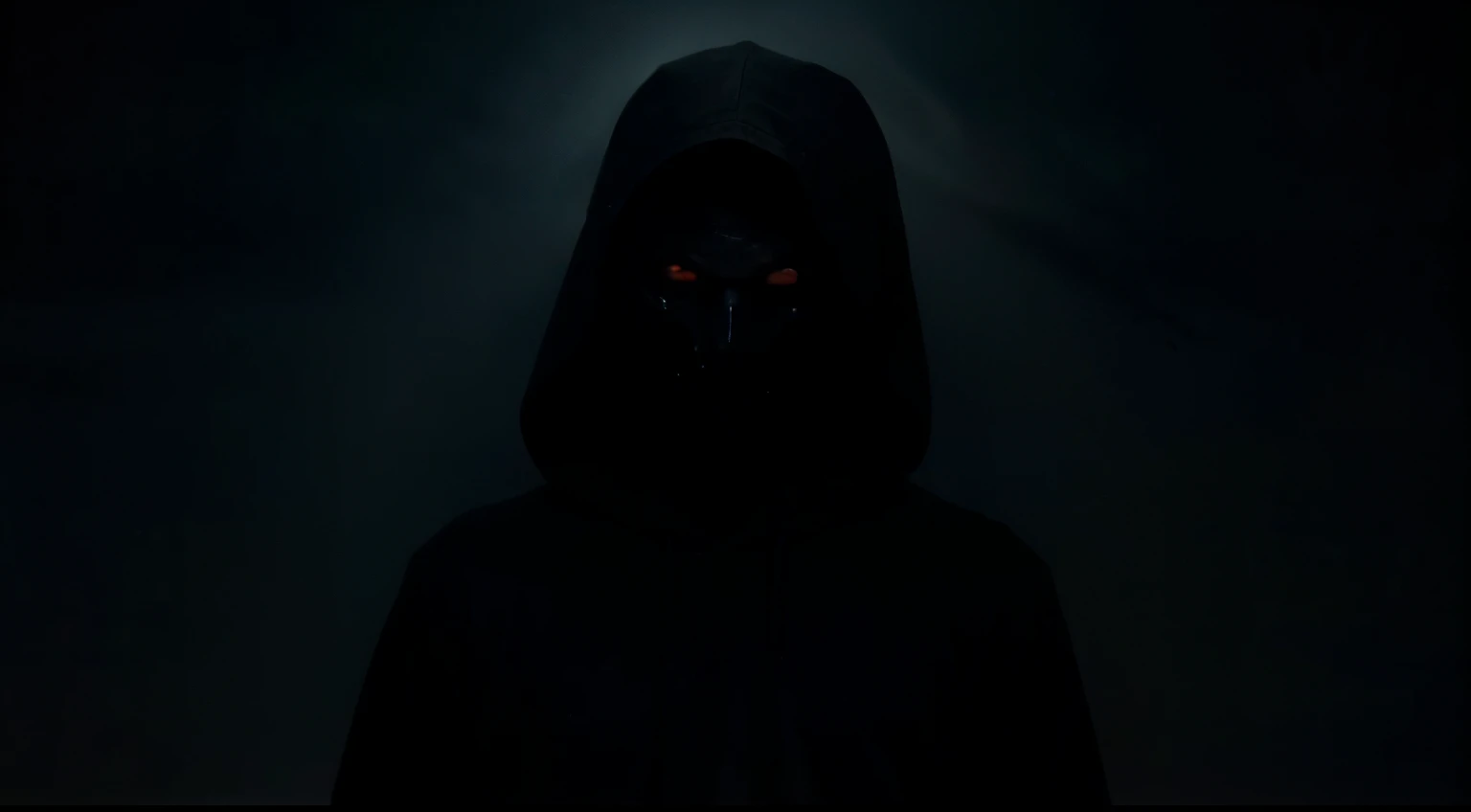 An image of a mysterious figure emerging from the darkness, with hollow eyes glowing in the shadows.
