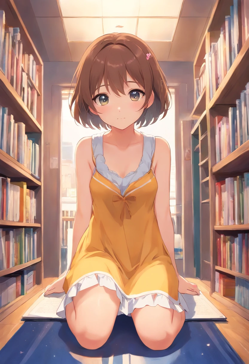 Cute ,The barefoot,Belly down,Look up,Lift your feet,Straight dress,white panties,largeeyes,Anime cute face,looking at book,wet yes