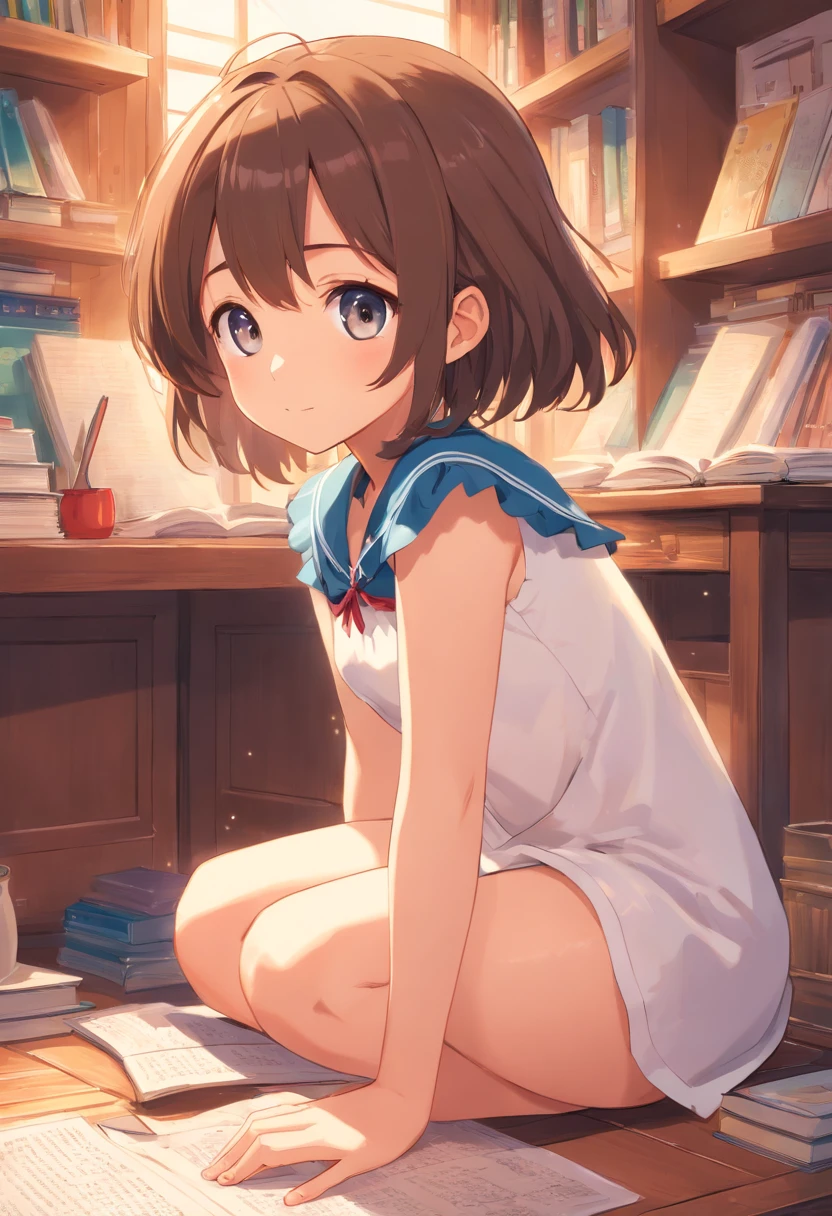 Cute loli，Barefoot，Tummy down，head looking up，Raise your feet，nude, naked, small breast, no clothes, vaginal，largeeyes，Anime cute face，looking at book,no panties, no bra