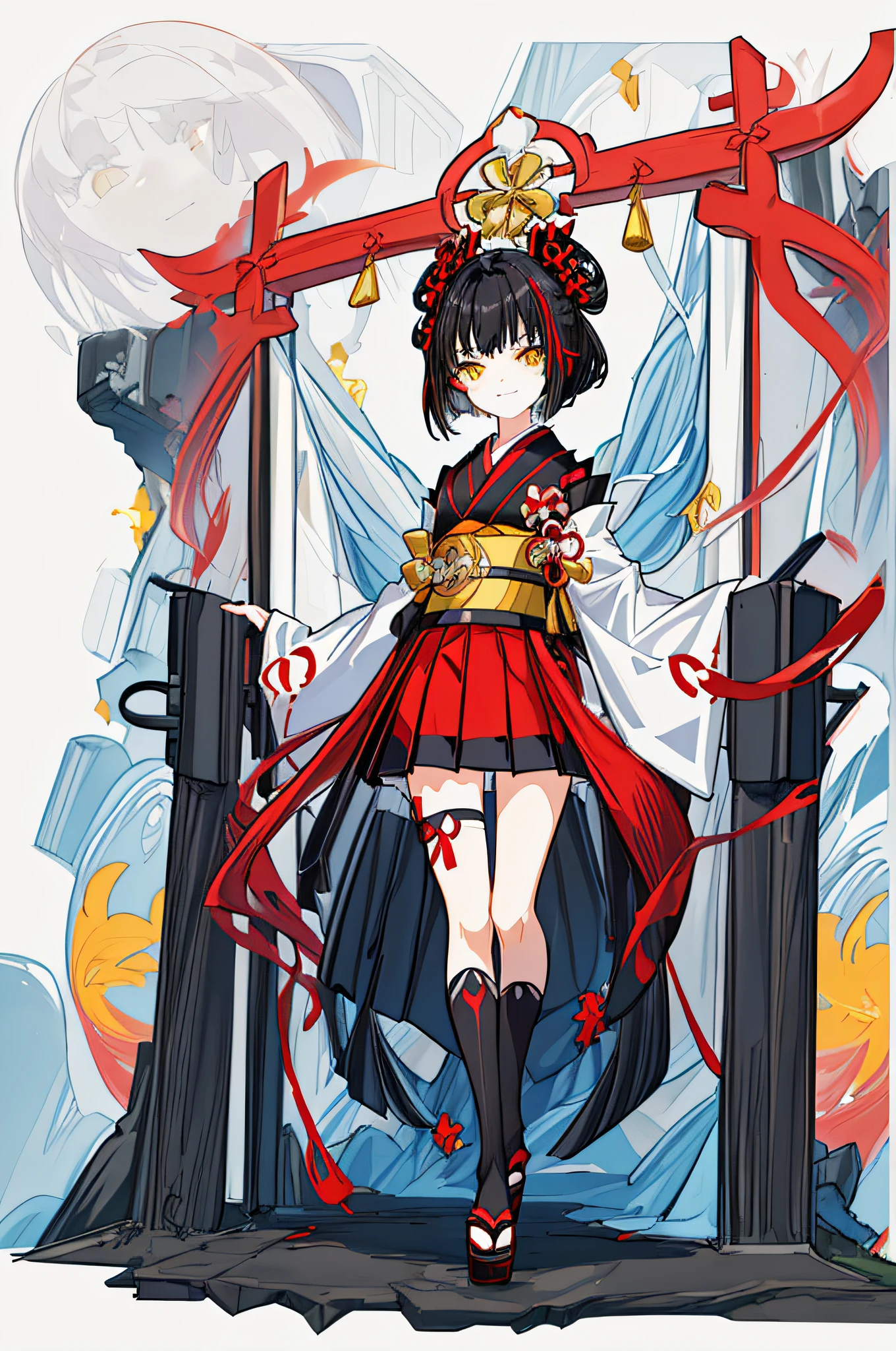 [(white Background:1.4)::5],Original,(Illustration:1.1),(Best Quality),(masutepiece:1.1),(the Extremely Detailed CG Unity 8K Wallpapers:1.1), (Colorful:0.9),(mid-shot:0.95),(very detailed beautiful full body),Dynamic Angle,(Solo:1.2), (girl),(((loli))), (Detailed beautiful eyes:1.15), (Beautiful face:1.15), (glowing yellow eyes:1.25////),(jewely eyes),(black short hair),(blunt bangs),(hime cut),red hair pin,((The girl wore a black miko costume)),realistic,petite, girl,black hair,(red pleated skirt), Delicate facerain, God Light,(furious),(evil smile),(Contempt and contempt),Furious,(Beautiful Slender Girl),((loli)),((full body)),japanese kimono clothes,