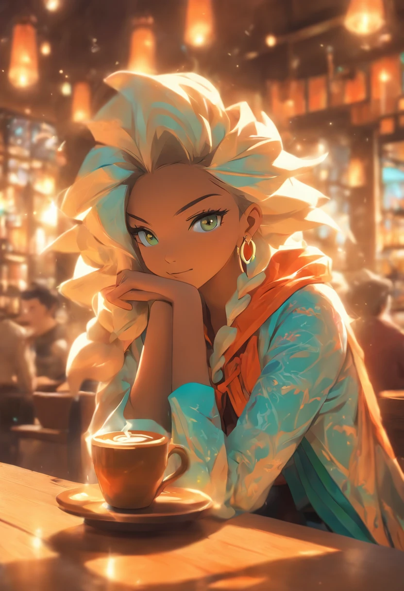 A beautiful female mage sitting in a coffee shop