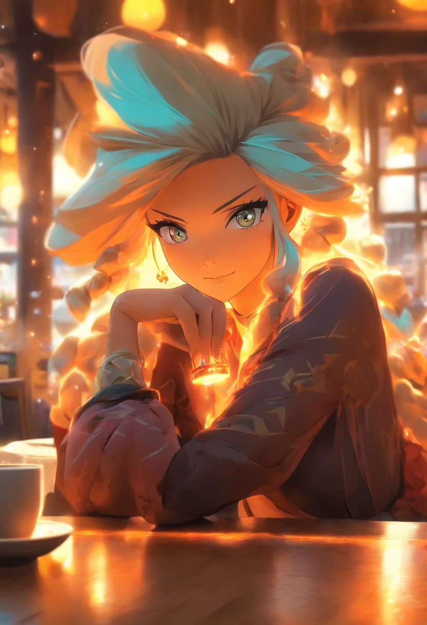 A beautiful female mage sitting in a coffee shop