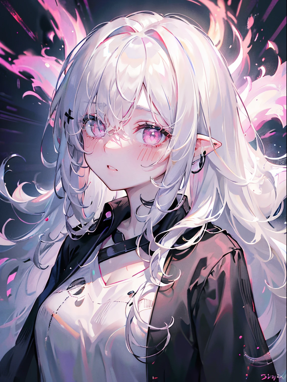 (masterpiece,best quality,ultra-detailed),1girl,white hair,messy hair, thick hair,black shirt,oversized shirt, pointy ears,pale skin, ((hair over one eye)),glowing eyes, blushing,dark ambient,(grey and pink theme),