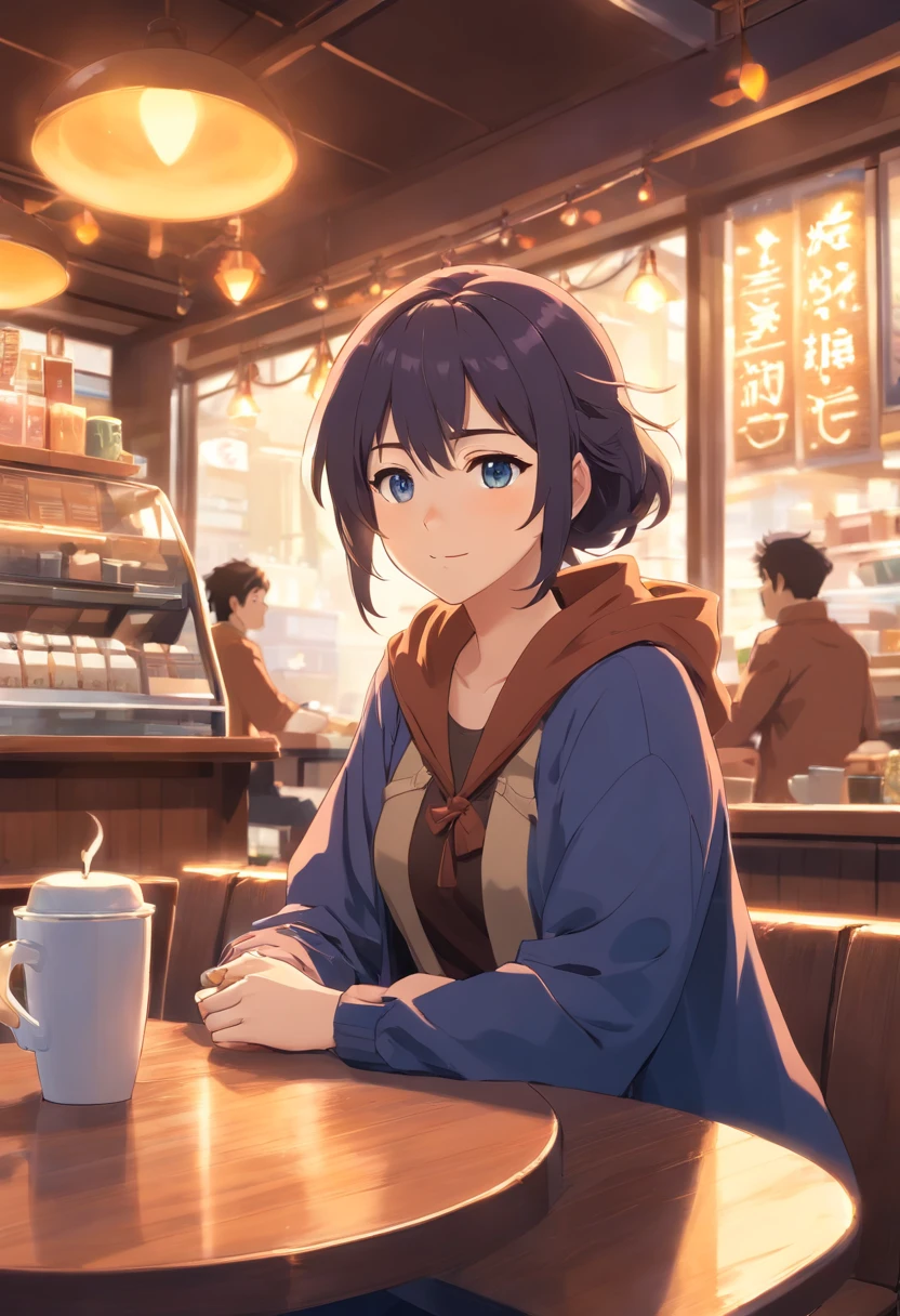 A beautiful female mage sitting in a coffee shop