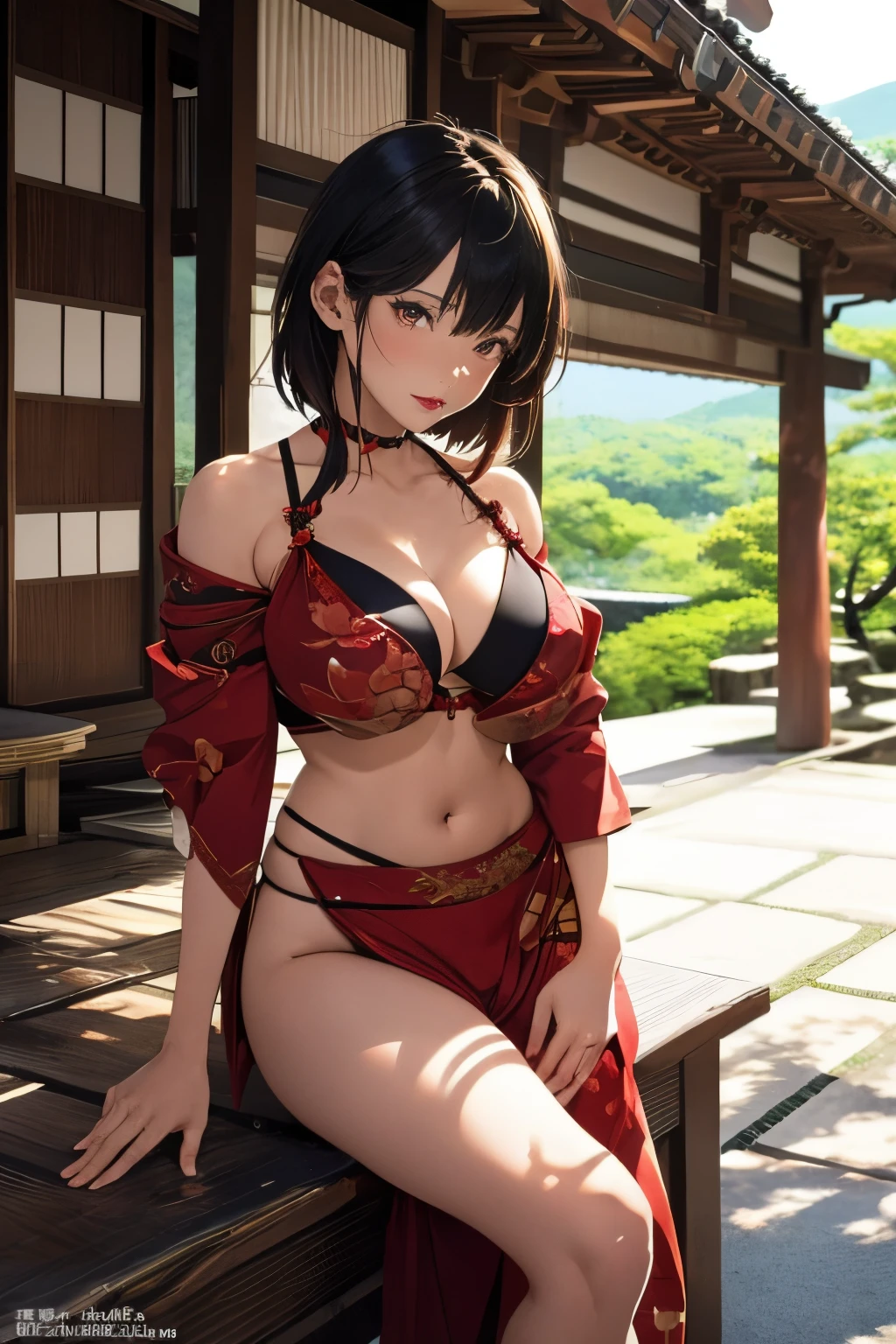 ((in the mountains of japan:1))、((on a tree))、sexy female crow tengu、Japanese traditional UMA tengu, sexy japanese monk costume, Sexy brown skin, Nice sexy body、tanned healthy sexy skin、One lady、Red hair ornament、((Black Japanese style sexy costume:1))、with the crow