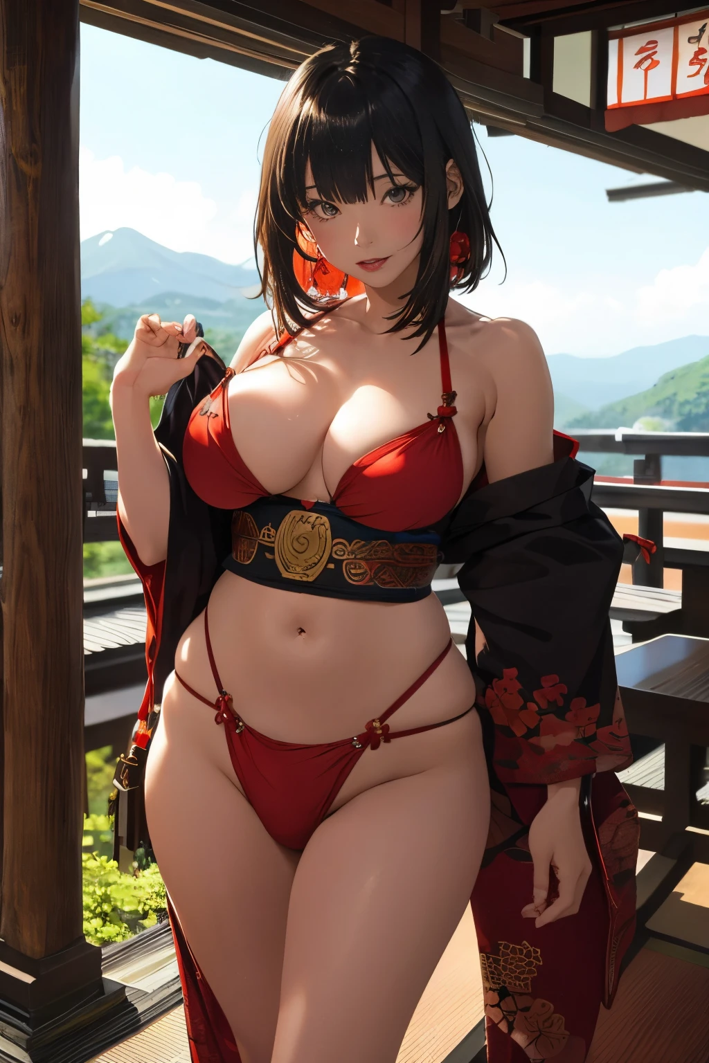 ((in the mountains of japan:1))、((on a tree))、sexy female crow tengu、Japanese traditional UMA tengu, sexy japanese monk costume, Sexy brown skin, Nice sexy body、tanned healthy sexy skin、One lady、Red hair ornament、((Black Japanese style sexy costume:1))、with the crow