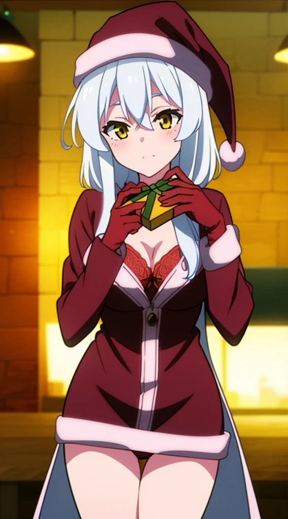 masterpiece, best quality, 1 solo girl, white hair, yellow eyes, short hair, wavy hair, Christmas ornaments, medium breasts, mature body and face, red christmas dress, christmas, christmas light, christmas tree, red gloves, red santa skirt, holding gift, red bra, red panty, leg up, cowboy shots, sexy pose, dakimakura, detailed body, face, and eyes, sharp focus, vibrant, creative, dynamic, high definition, high resolution, 8k, (Upscale: R-ESRGAN 4x+ Anime6B), (Image enchance:4x), voluptuous body