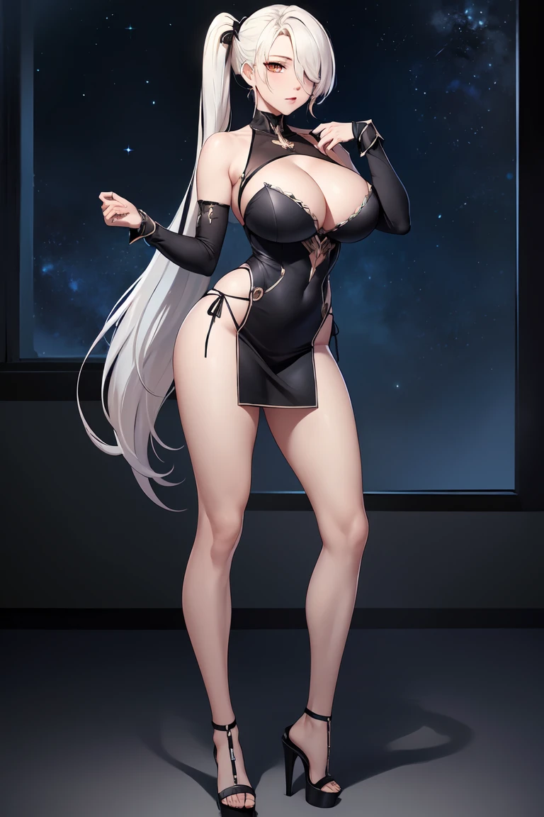 (Best quality,Unbeatable masterpiece:1.4),Ultra-detailed CG 4K,Black metal mech,high ponytails,Metal heels,Huge cleavage,Nipple presentation,Long white hair,AS-Adult,hair covering one eye,smooth thigh,standing with legs apart,In the starry sky,face to the viewer,Nipple presentation
