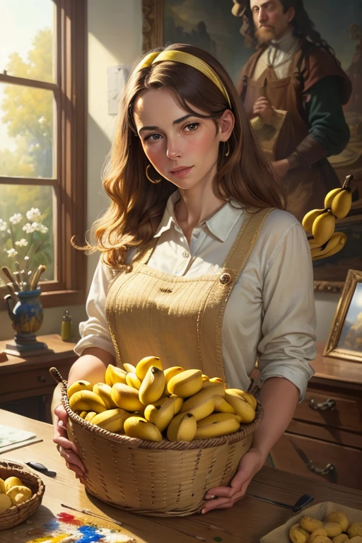 ((best quality)), ((masterpiece)), ((realistic)) , a basket full of banannas , on the desk , in front of painting on wall