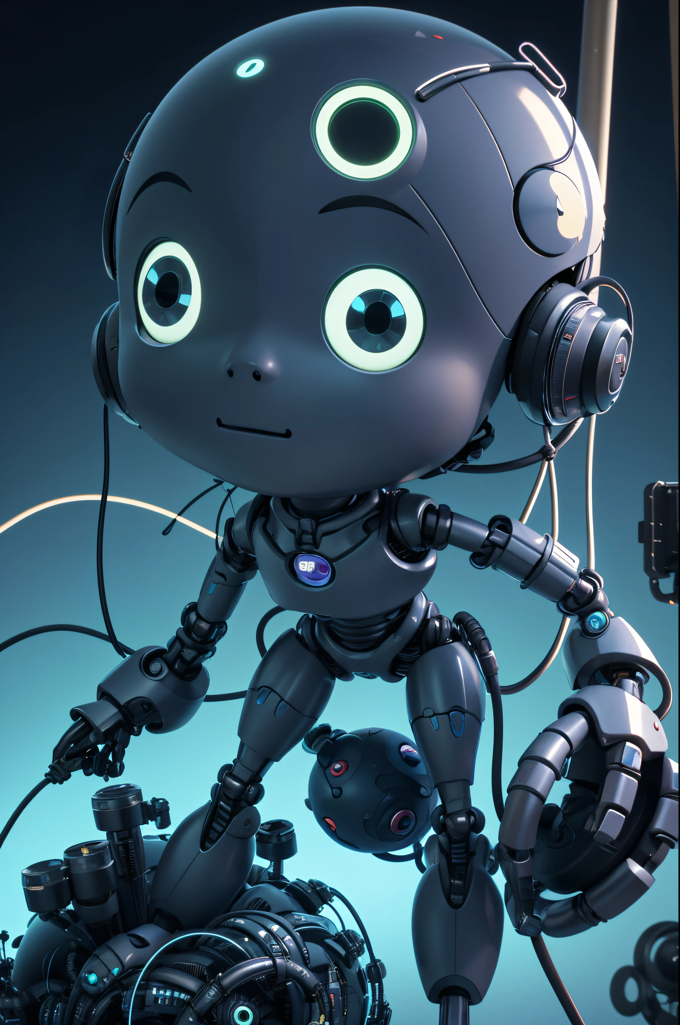 Pixar art. inorganic infant-humanoid composed of mechanics and electronics with wire-umbilical cord attached to humanoid motherboard in a cybernetic environment. full figure. 3D. --niji 5