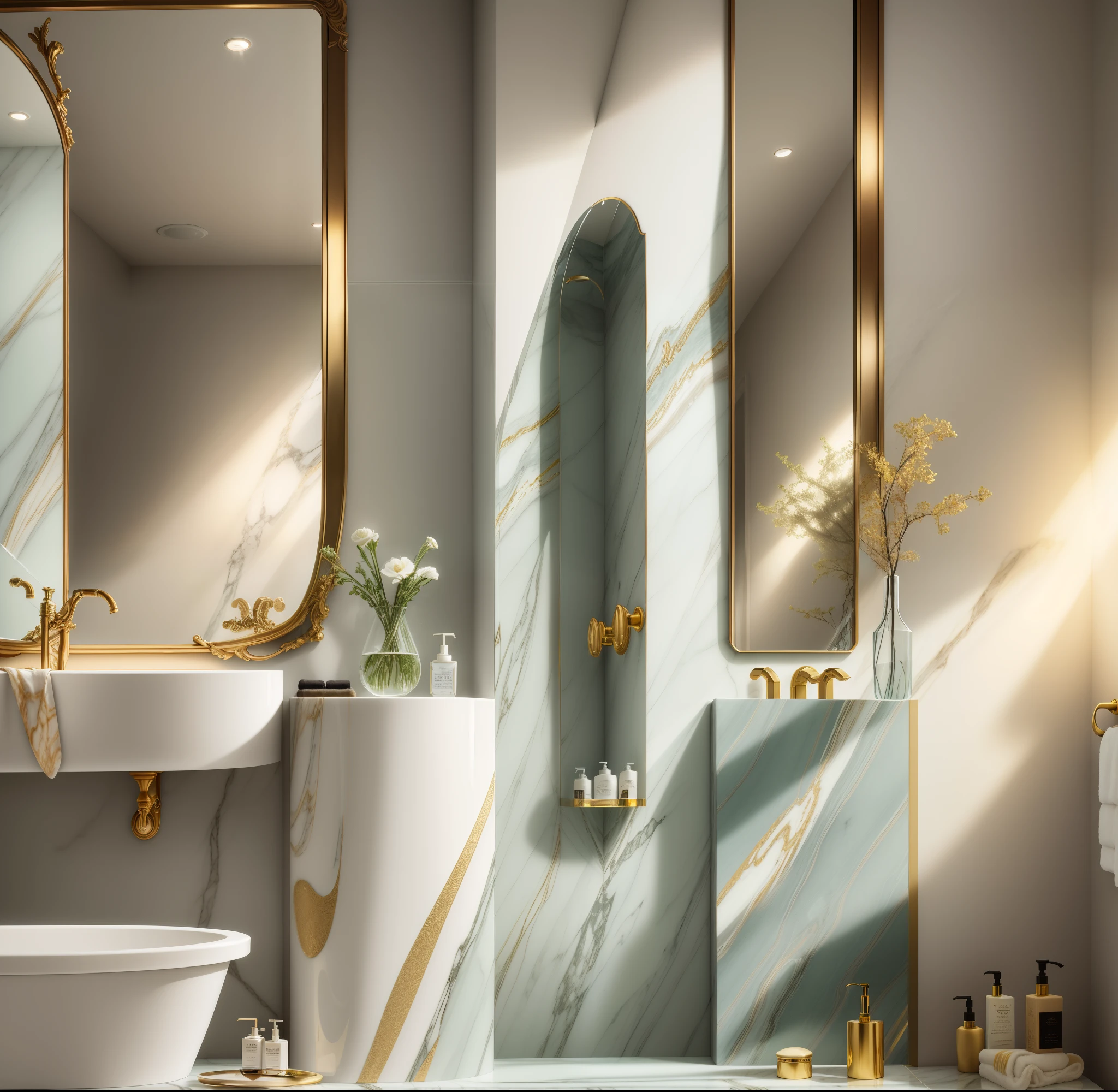 a close up of a bathroom with a bathtub and a sink, mirror and glass surfaces, marble walls, marble and wood and glass, premium bathroom design, gold and luxury materials, exquisite marble details, magnificent design, made of liquid metal and marble, marble reflexes, modern bathroom, smooth marble surfaces, modern design, exquisite details, all marble, beautiful aesthetic design