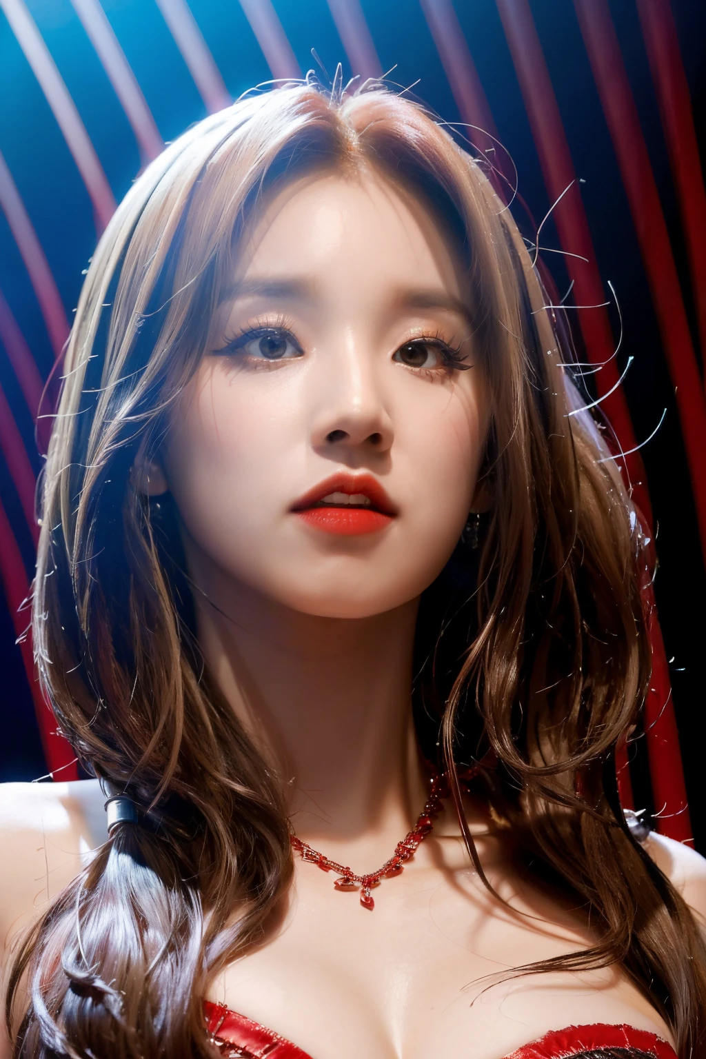 best quality, ultra high res, (photorealistic:1.4),1woman,high detailed ,8k, full slim body, red dress, dance club background, cute, (Kpop idol), (aegyo sal:1), ((puffy eyes))