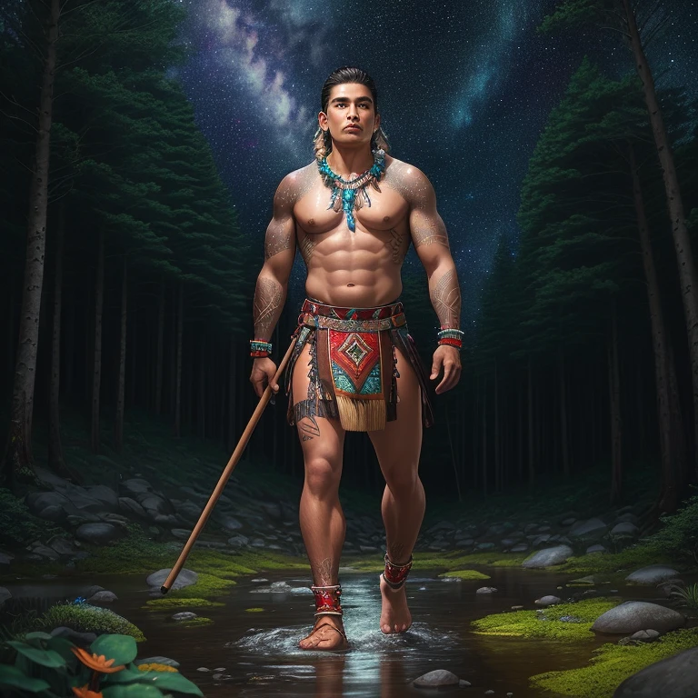 Strong proud indigenous male warrior standing in a forest with a swirling starry sky, galaxy, tall forest, tall trees, glowing flowers, glowing flora, towering trees, water way, flowing creek, no shirt, wearing long brief cloth, beaded necklace, red skin tattoos, wearing knee-high leather moccasins, holding walking stick, ethereal, high definition, dreamlike