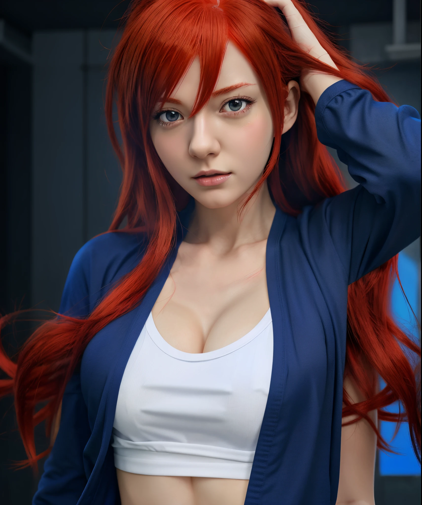 anime girl with red hair and wearing blue gym cloth, white t-shirt, Erza scarlet as a real person, digital anime art!!, [ 4 k digital art ]!!, seductive anime girl, looking at viewer, realistic anime art style, digital anime art, digital anime illustration, anime digital art, hdr, hyper realistic, realistic art