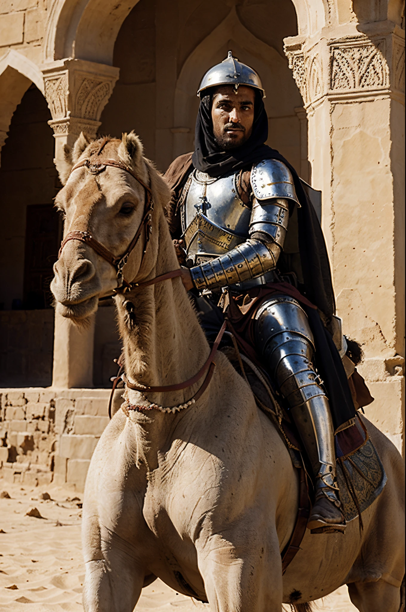 masterpiece;réalistic; best quality; Epic; muslim warrior on the back of a camel ready to go on a crusade in the middle of the desert