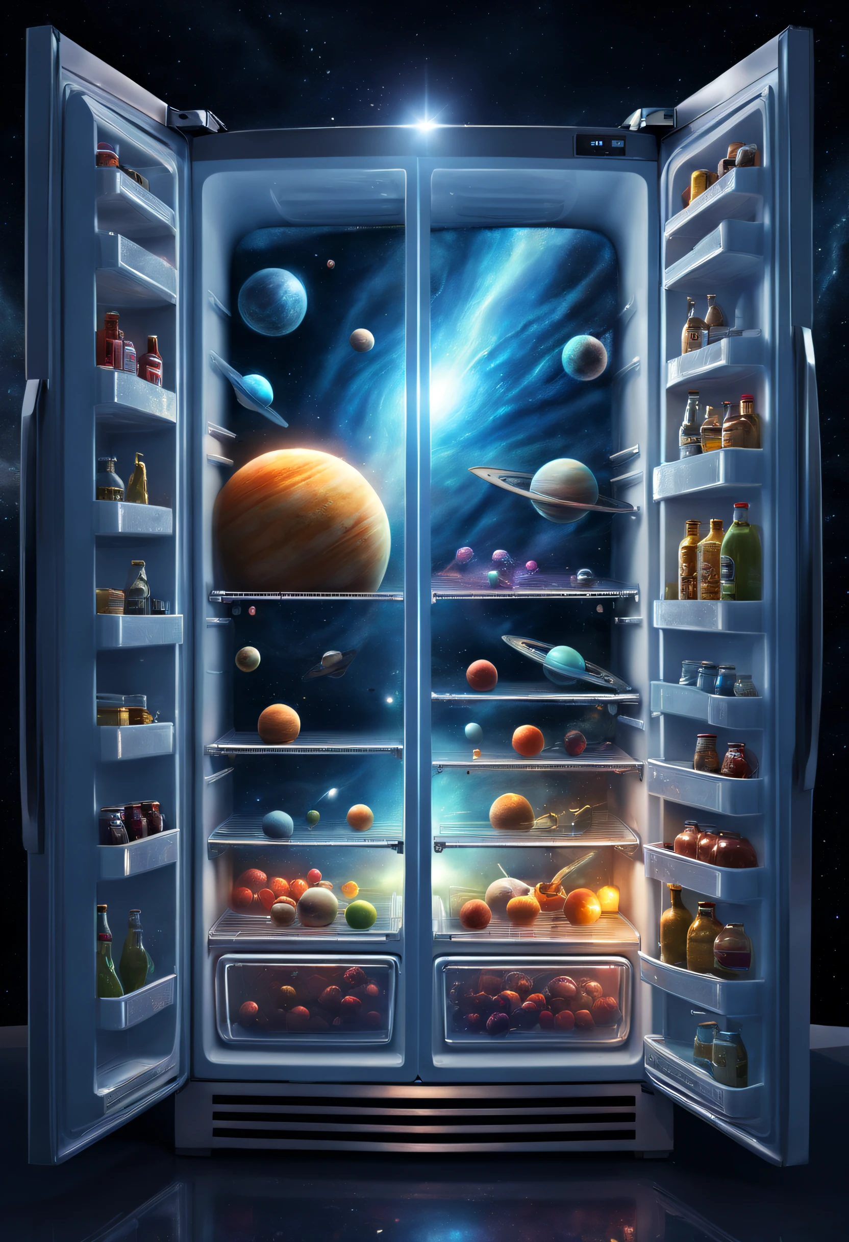 Cosmic nebula in the refrigerator,Future sci-fi refrigerator,The refrigerator has a space-time channel，(Alien spaceship travels through time in refrigerator:1.2)，Cosmic nebula in the refrigerator,There&#39;s still room in the refrigerator，(Universe planets in the refrigerator:1.3)，Epic surreal art style,Epic sci-fi art style,Epic digital fantasy illustrations,epic mythology art style,Epic futuristic art style,steampunc