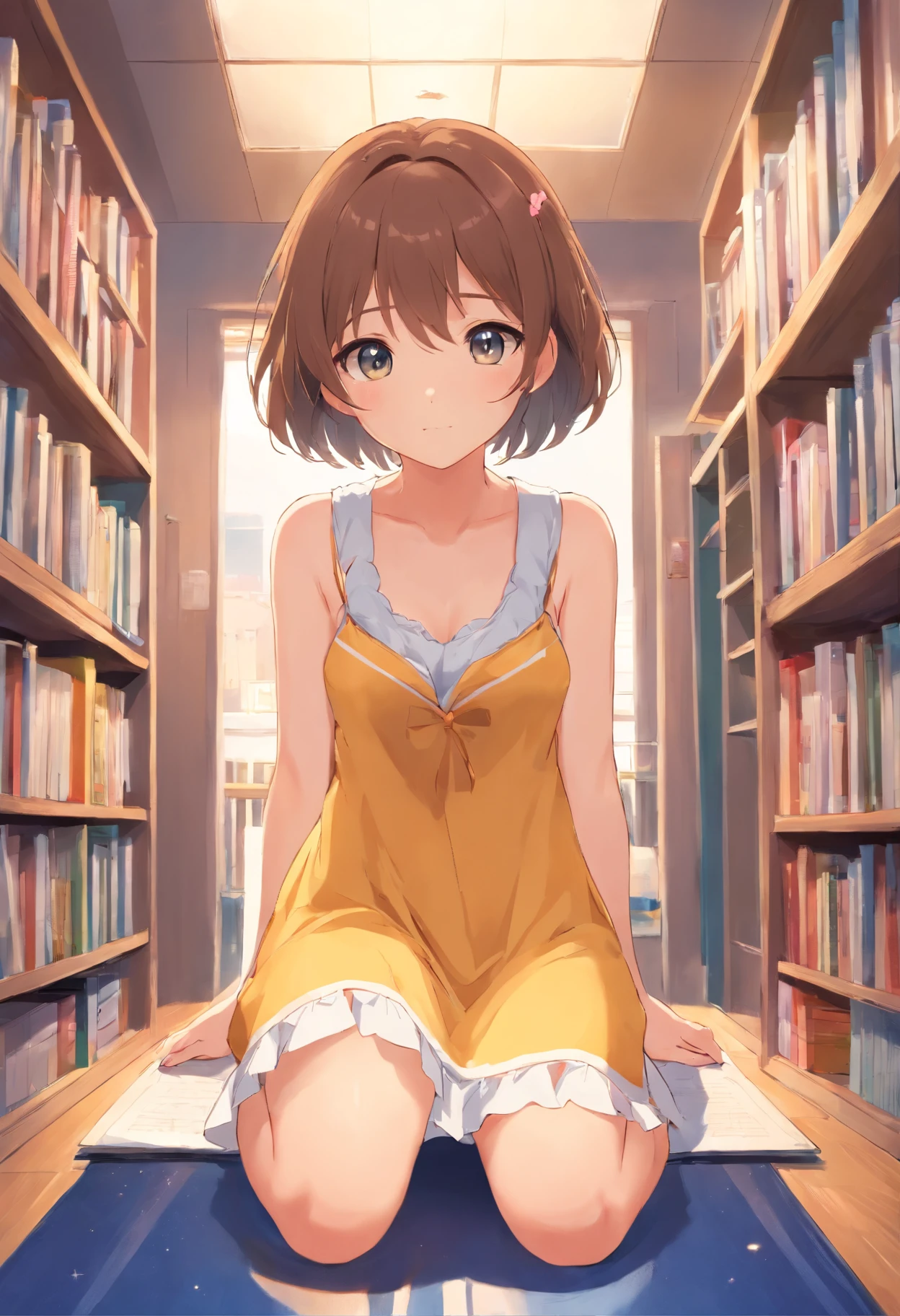 Cute ,The barefoot,Belly down,Look up,Lift your feet,Straight dress,white panties,largeeyes,Anime cute face,looking at book,wet yes