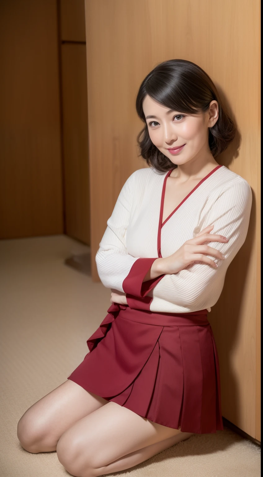 tmasterpiece,Best quality at best, (sweetheart. employee:1), ((Skirt that wraps hips:1.3)), arms folded， ssmile，Temptation pajamas，legs long，tall，skin hyper-detail，Unclog pores，in a panoramic view，hip is cocked，blackstockings，Beautiful young Japanese woman in her 40s,  It's a perfect face, goodlooking,  (detailedfacialfeatures),  Face is clean and beautiful，The fingers are very beautiful