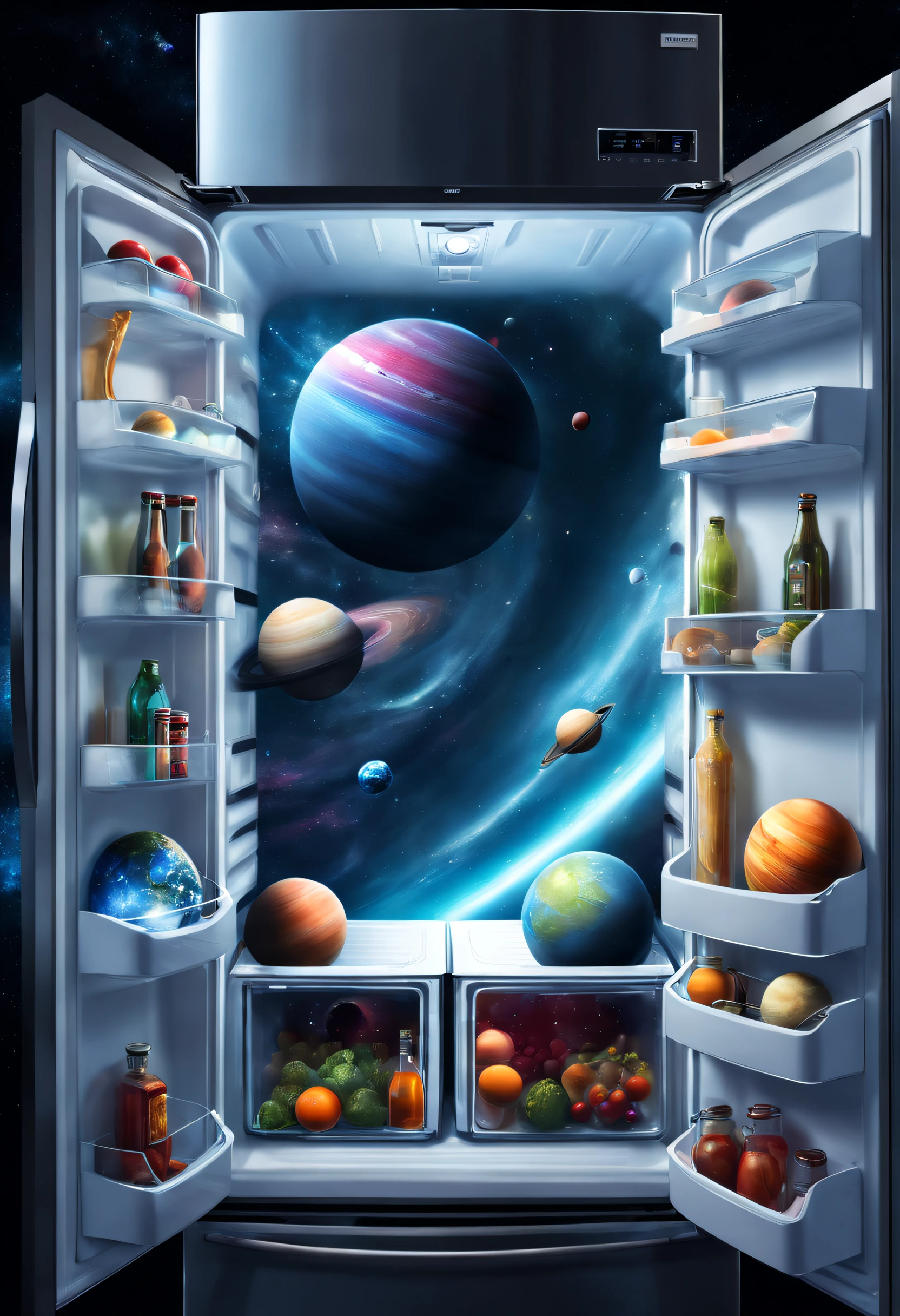 Cosmic nebula in the refrigerator,Future sci-fi refrigerator,The refrigerator has a space-time channel，(Alien spaceship travels through time in refrigerator:1.2)，Cosmic nebula in the refrigerator,There&#39;s still room in the refrigerator，(Universe planets in the refrigerator:1.3)，Epic surreal art style,Epic sci-fi art style,Epic digital fantasy illustrations,epic mythology art style,Epic futuristic art style,steampunc