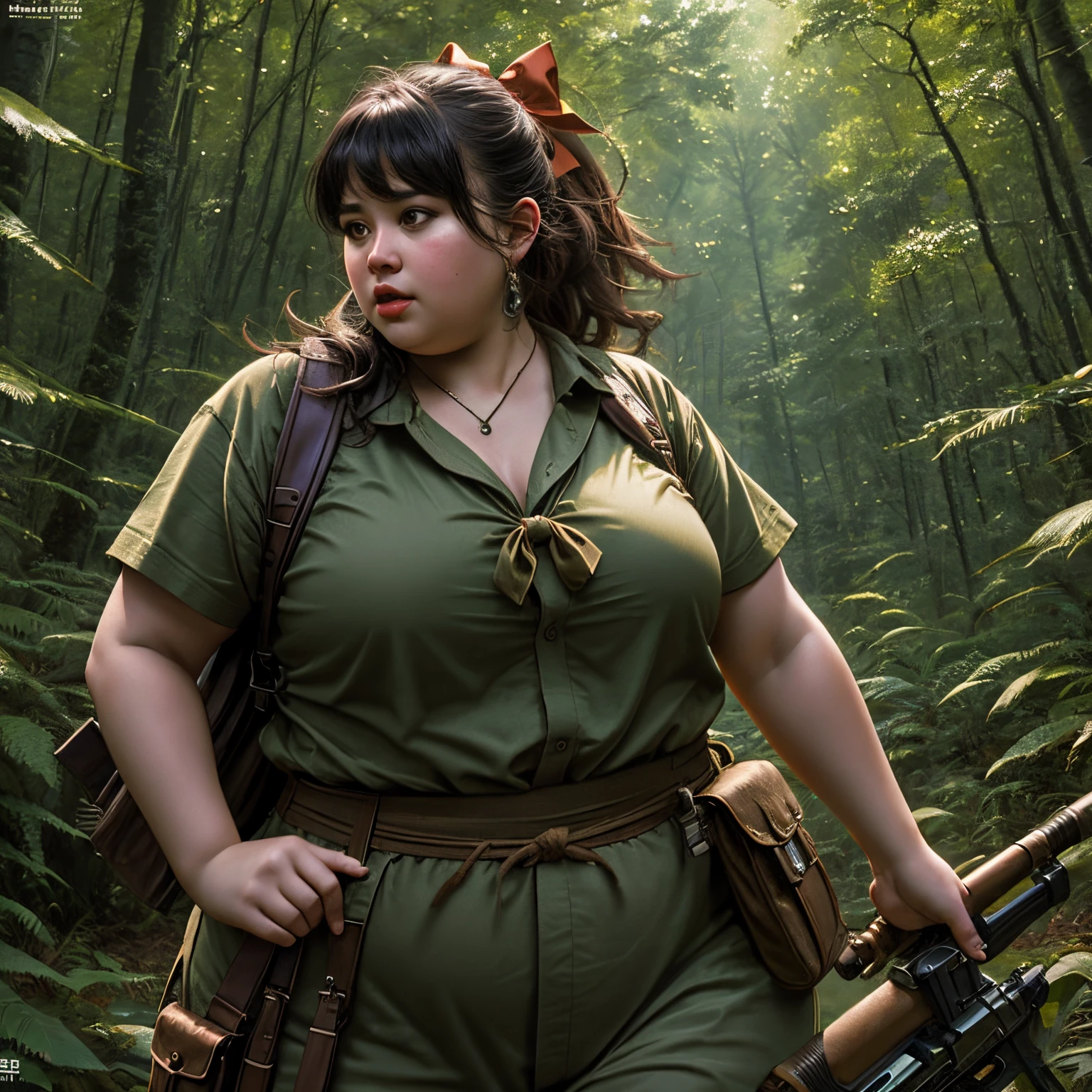 a fat woman as rambo, dirty face, best quality, holding a bow,intricate detail, masterpiece, 8k, ultra detail, hyper realistis, deep forest environment, 4D,