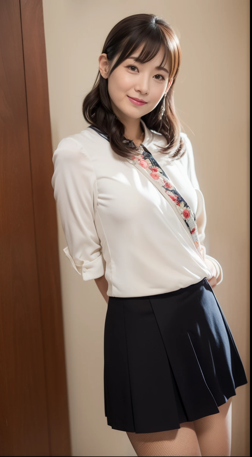 tmasterpiece,Best quality, (sweetheart. employee:1), ((A skirt that wraps around the hips:1.3)), arms folded， ssmile，Long thighs，tall，skin hyper-detail，Unclog pores，in a panoramic view，hip is cocked，blackstockings，Beautiful young Japanese woman in her 40s,  It's a perfect face, goodlooking,  (detailedfacialfeatures),  Face is clean and beautiful，The fingers are very beautiful