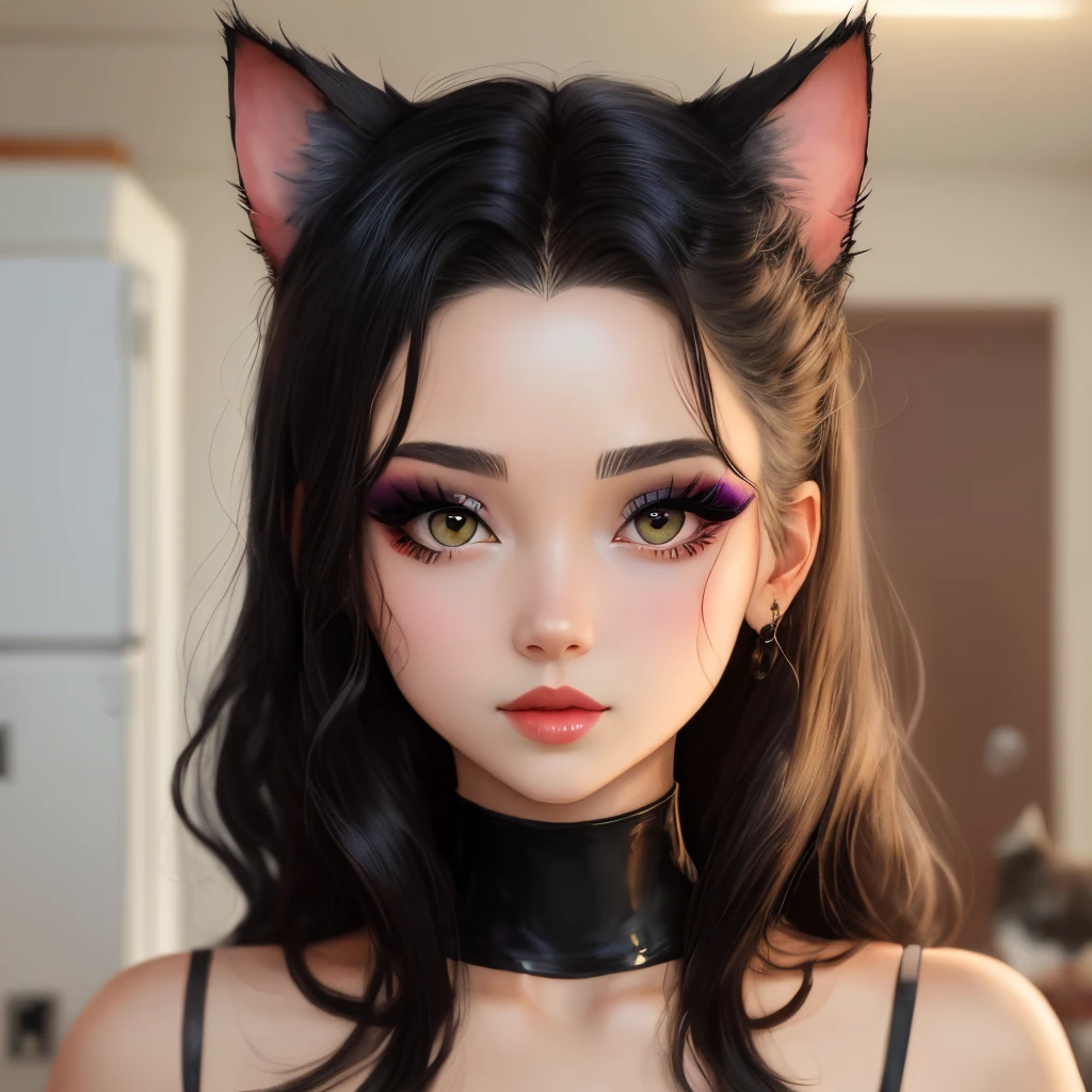 90s anime dark asure dark haired girl glam makeup with cat