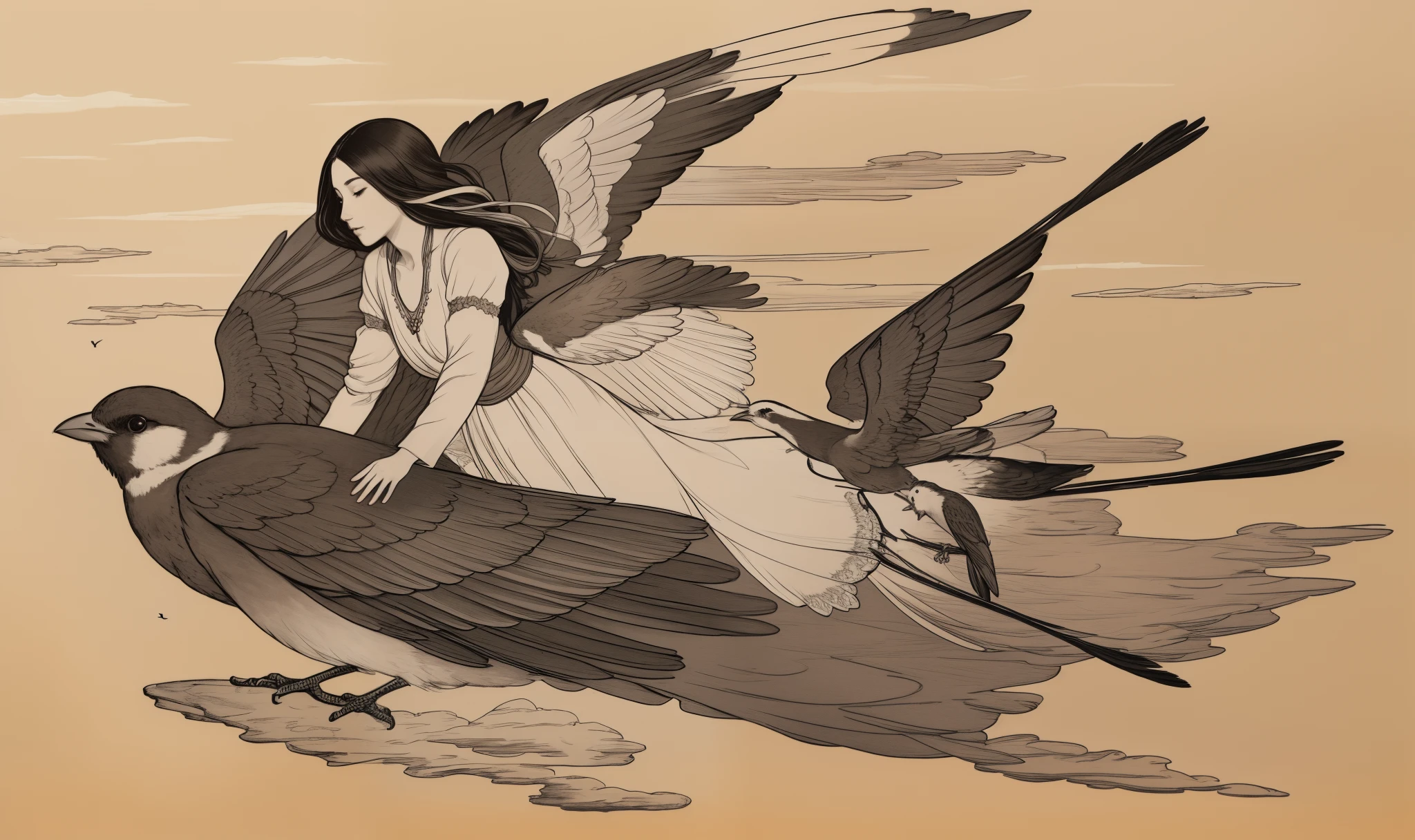 (This prompt is inspired by the original animated film《sky cities》of inspiration)
(best quality,highres,ultra-detailed),sunset,woman riding a bird,wind everywhere,warm colors,sensible touch,sky,ethereal clouds,golden rays,serene expression,bird's feathers gently brushing against her skin,vibrant hues,pastel palette,gentle breeze,harmony between the woman and the bird,blurred background,subtle shadows,dreamlike atmosphere,silhouette of distant mountains enshrouded in mist,awe-inspiring spectacle,tranquil scene,blissful moment,symbol of freedom and connection with nature,impeccable details,sublime beauty of nature,peaceful journey,infinite horizon,perfect balance between movement and stillness,luminous glow,poetic and enchanting,seamless fusion of human and animal,serenity unfolding in the canvas,heavenly bond between the woman and the bird,radiant warmth,pure bliss,soaring above the clouds,promise of a new beginning,unforgettable moment frozen in time,whisper of the wind,rays of sunlight caressing their faces,magical encounter amidst the sky,harmonious dance between earth and sky.