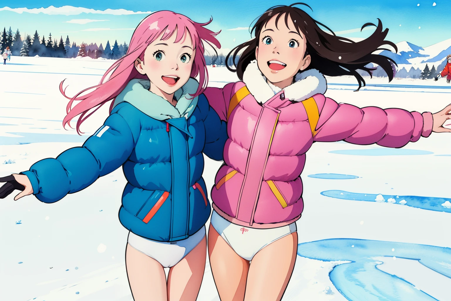 (superflat, flat shading, flat colors),  2girls,  teen, down jacket, (white  panties), no skirt, long hair, sitting on bench, spread legs, drink coffee, smile, winter, snow, bright, vibrant colors, watercolor, ghibli style