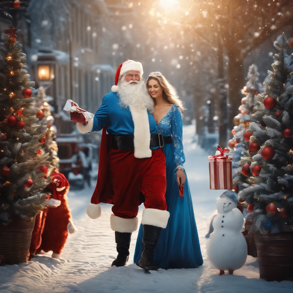 Santa Claus and beautiful Snow Maiden in a blue dress with gifts for Christmas, on the street, ModelShoot style, masterpiece, detailed, high quality, sharp focus, dramatic, Photorealistic painting art, pose, expression, shins, (extremely detailed CG unity 8k wallpaper)