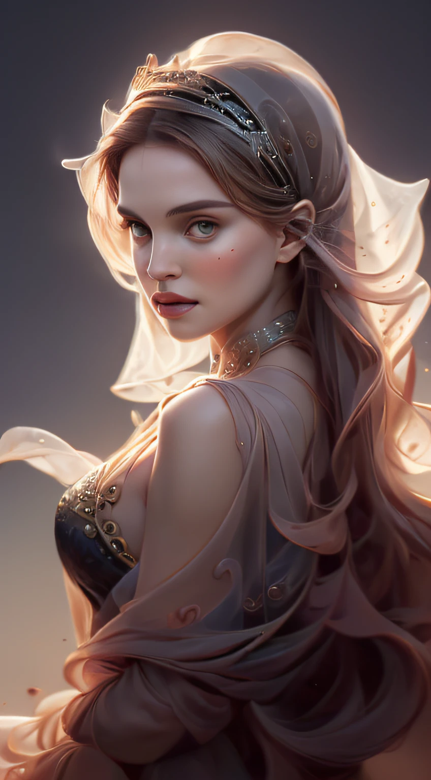 Natalie Portman,corpo inteiro , Islamic woman,veil covering the head ,colar de esmeralda, vestindo roupas elegantes e sensuais, retrato do personagem, 3 9 9 0 s, cabelos longos, intrincado, elegante, altamente detalhado, pintura digital, art-station, arte conceitual, liso, foco nítido, illustration, arte por wlop, Charlie Bowater e Alexandra Fomina