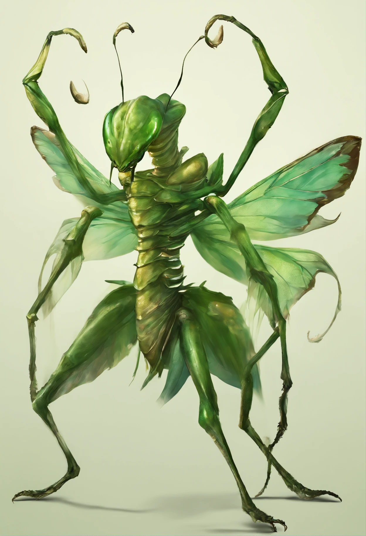 high quality rendering,(8K、Best quality at best、tmasterpiece:1.2)、(Endless realism、Photorealsitic:1.37)、hyper-detailing,hyper HD,A mantis magnified ten times,zerg,Live wallpaper,This is a painting of a praying mantis resting in a fantasy world,(Dark green insect carapace:1.2),(Exaggerated mantis forelimbs,Carapace with leaf texture:1.3),{death with skeleton,Three different elements, time and mantis, were used to design this character.:1.4},monster hunter,handsome insect,Insect characters in card games