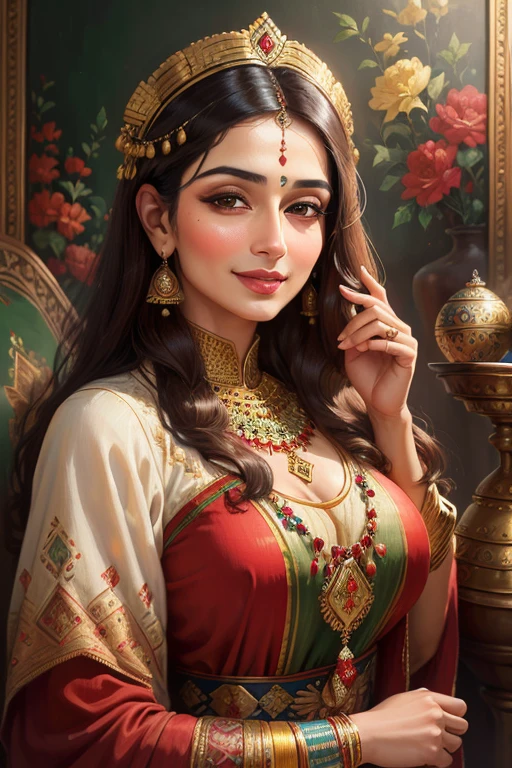 ((best quality)), ((masterpiece)), ((realistic)), Persian woman, elegant attire,traditional Clothes, radiant smile, confident stance, cultural pride, (oil painting:1.2), (Kamal-ol-molk
:1.1), vivid colors, nostalgic background, authentic vintage feel, (portrait composition:1.3), (high-resolution:1.2)