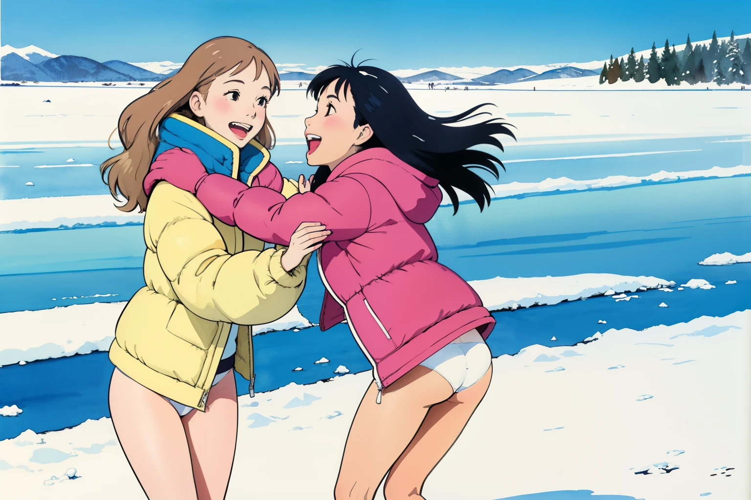 (superflat, flat shading, flat colors), (closeup), mother and daughter, down jacket, (white panties), no skirt, long hair, ice skating, smile, laugh, fun, play, winter, snow, bright, wide angle, vibrant colors, watercolor, ghibli style