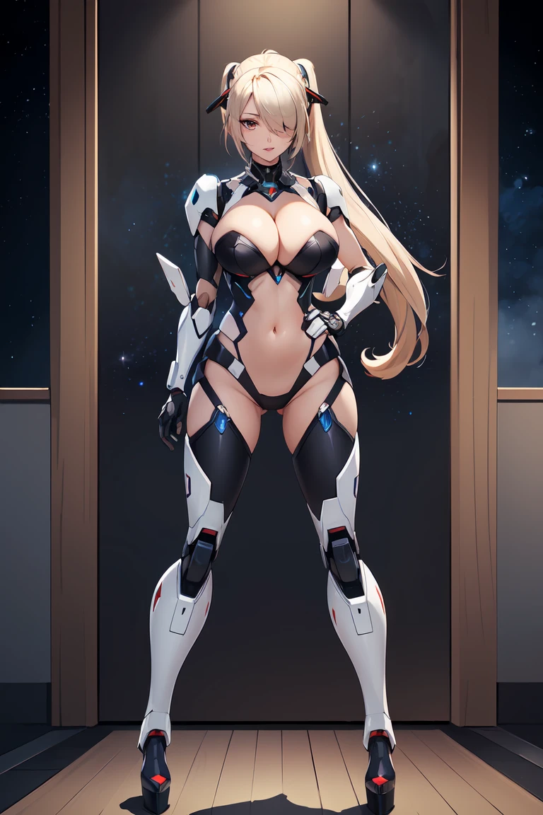 (Best quality,Unbeatable masterpiece:1.4),Ultra-detailed CG 4K,Black metal mech,Mecha warrior,high ponytails,Metal heels,Huge cleavage,Nipple presentation,Long white hair,hair covering one eye,smooth thigh,standing with legs apart,in the stars,face to the viewer,Nipple presentation,navel