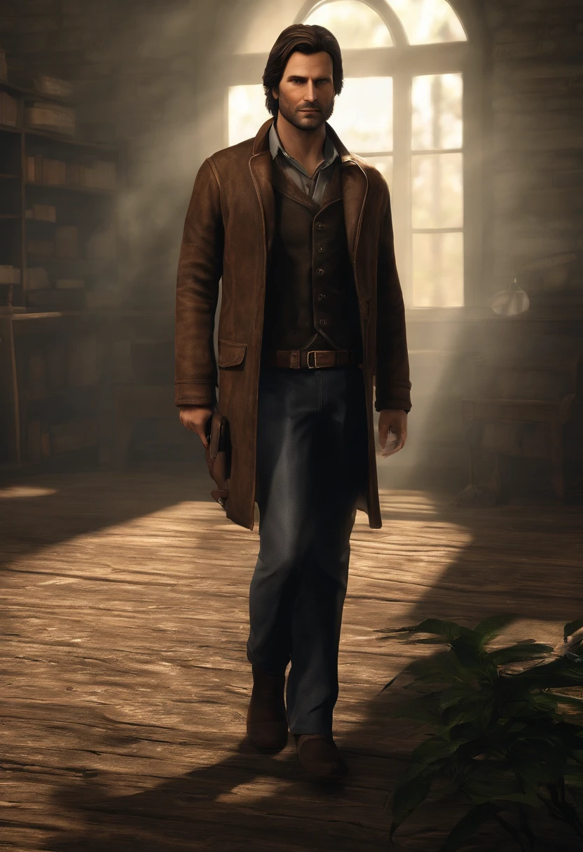 The image is of a secluded, candle-lit room with antique furnishings and shelves lined with old, leather-bound books, casting dancing shadows as the flames flicker.,Alan Wake game series,Alan Wake is depicted as a middle-aged man with a distinctive appearance that reflects his personality and experiences.
1. Facial Features: Alan Wake has a rugged and somewhat weathered face, suggesting the weight of his experiences. He often sports a short beard or stubble, adding to his slightly disheveled appearance. His facial expressions convey a range of emotions, from determination to weariness, reflecting the challenges he faces.
2. Hair: Alan Wake has dark brown hair that is typically styled in a slightly unkempt manner. His hair may appear tousled or windswept, giving him a somewhat disheveled yet stylish look. As the game progresses, his hair may become more disheveled, reflecting the toll of his journey.
3. Clothing Style: Alan Wake's clothing style is casual and practical, reflecting his no-nonsense approach to life. He is often seen wearing dark-colored jeans or cargo pants, paired with a button-down shirt, and a jacket or a hoodie. His attire is functional, allowing him freedom of movement during his encounters with supernatural forces.
4. Accessories: Alan may be seen wearing accessories that reflect his writer's persona. He might have a worn leather bracelet or a pendant around his neck, symbolizing his connection to his craft and the power of storytelling. Additionally, he may carry a small notebook or a pen, ready to capture ideas and inspirations that come to him.
5. Body Language: Alan Wake's body language often reflects a sense of determination and focus. He may exhibit signs of weariness or tension, especially during intense or suspenseful moments. His posture may become more relaxed during quieter moments, showcasing a contemplative and introspective demeanor.
6. Face: Alan Wake has a square-shaped face with defined jawline and slightly pronounced cheekbones. His complexion is fair, with a hint of a tan, indicating his time spent outdoors. His forehead may show faint lines of worry, reflecting the weight of his experiences and the challenges he has faced.
7. Eyes: Alan's eyes are one of his most striking features. They are a deep shade of brown, often described as intense and expressive. They carry a mix of determination and weariness, reflecting the emotional and physical toll of his journey. In moments of heightened tension or concentration, his eyes may exhibit a steely focus.
8. Hair: Alan Wake's dark brown hair is typically kept at a medium length, falling just above his shoulders. It has a slightly messy and tousled appearance, as if windblown or from running his fingers through it. The hair may have natural waves or slight curls, adding to his casual and slightly disheveled style.
9. Facial Hair: Alan often sports a well-groomed but scruffy beard that accentuates his rugged look. The beard is short to medium length, providing a touch of maturity and adding to his slightly worn appearance. It may be neatly trimmed along the jawline and upper lip, but not meticulously styled.
10. Clothing Style: Alan usually dresses in practical and comfortable attire suitable for his adventures. He may wear dark-colored jeans that are slightly faded or worn, paired with a plain or subtly patterned button-down shirt. Over the shirt, he may wear a worn leather jacket or a hoodie, providing protection from the elements while maintaining a casual and slightly rugged aesthetic.
11. Accessories: As a writer, Alan may be seen wearing a few accessories that reflect his profession and personality. He might have a leather wristband or bracelet adorned with small charms or symbols that hold personal significance. Additionally, he may wear a pendant around his neck, possibly featuring a symbol related to the themes explored in his writings.
12. Posture and Body Language: Alan Wake carries himself with a mixture of confidence and weariness, mirroring his experiences and challenges. He may stand tall and self-assured during moments of determination, but his posture can also reveal a sense of burden or fatigue. When engaged in intense situations, his body language may become more alert and focused, displaying a readiness to confront the unknown.
13. Face: Alan Wake has a strong, angular face with a defined jawline and high cheekbones. His facial structure gives him a rugged and masculine appearance. Lines of age and experience are etched subtly around his eyes and forehead, indicating a life filled with challenges and emotional depth.
14. Eyes: Alan's eyes are deep-set and captivating. They are a rich, dark brown, often described as windows to his soul. His eyes hold a mix of intensity and vulnerability, displaying a keen intelligence and a hint of sadness. They are framed by thick, slightly arched eyebrows that add to his expressive gaze.
15. Nose: Alan has a straight and slightly prominent nose that adds to his strong and assertive facial features. It provides a sense of character and determination, complementing his overall appearance.
16. Lips: His lips are well-defined and often wear a subtle, enigmatic smile. There is a touch of weariness in their curve, hinting at the burden he carries, but also a glimmer of hope and resilience.
17. Hair: Alan Wake's dark brown hair has natural waves and texture. It falls in loose, tousled layers, framing his face and giving him a slightly disheveled yet effortlessly stylish look. His hair may have streaks of lighter tones, suggesting sun exposure from his outdoor adventures.
18. Facial Hair: Alan often maintains a short, well-groomed beard that accentuates his rugged charm. The beard is neatly trimmed, highlighting his strong jawline and adding a touch of maturity to his appearance. It may be slightly scruffy in places, giving him a raw and authentic appeal.
7. Clothing Style: Alan's clothing style is a blend of practicality and a hint of literary flair. He may be seen wearing dark-colored jeans or cargo pants that fit comfortably but allow freedom of movement. His choice of shirts varies, ranging from solid-colored button-downs to plaid or subtly patterned shirts, reflecting his casual yet slightly unconventional personality. As outerwear, he often dons a worn leather jacket, adding a touch of ruggedness and a nod to his writer persona.
19. Accessories: Alan may accessorize with a few meaningful items. He might wear a silver ring on one of his fingers, adorned with a symbol that holds personal significance. Additionally, he may carry a weathered leather satchel or a messenger bag, containing a notebook, pens, and other essentials for his writing and investigative pursuits.
20. Scars or Marks: Depending on the events of the game, Alan Wake may have small, faint scars or marks on his face or hands, serving as reminders of the physical and emotional battles he has faced.
He is almost exactly looking like Ilkka Villi, just with a more pronounced beard.