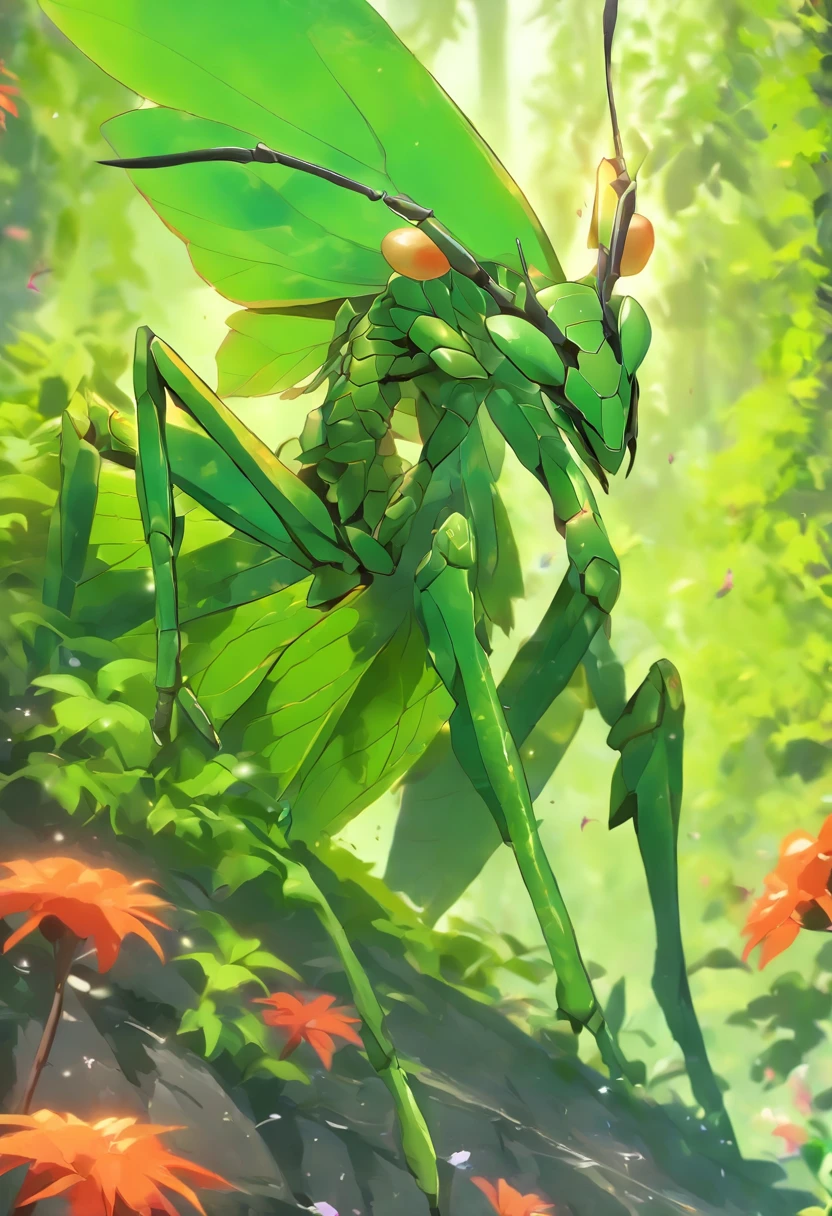 high quality rendering,(8K、Best quality、tmasterpiece:1.2)、(Endless realism、フォトリアリスティック:1.37)、hyper-detailing,hyper HD,A mantis magnified ten times,zerg,Live wallpaper,This is a painting of a praying mantis resting in a fantasy world,(Dark green insect carapace:1.2),(Exaggerated mantis forelimbs,Carapace with leaf texture:1.3),{Death and Skeletons,three different elements, Time and Mantis, used to design this character.:1.4},monster hunter,((handsome insect,Wrapped in a thick and powerful suit of armor. The metal plate is decorated with an intricate design,This piece of armor highlights the size of the forelimbs)),Insect characters in card games