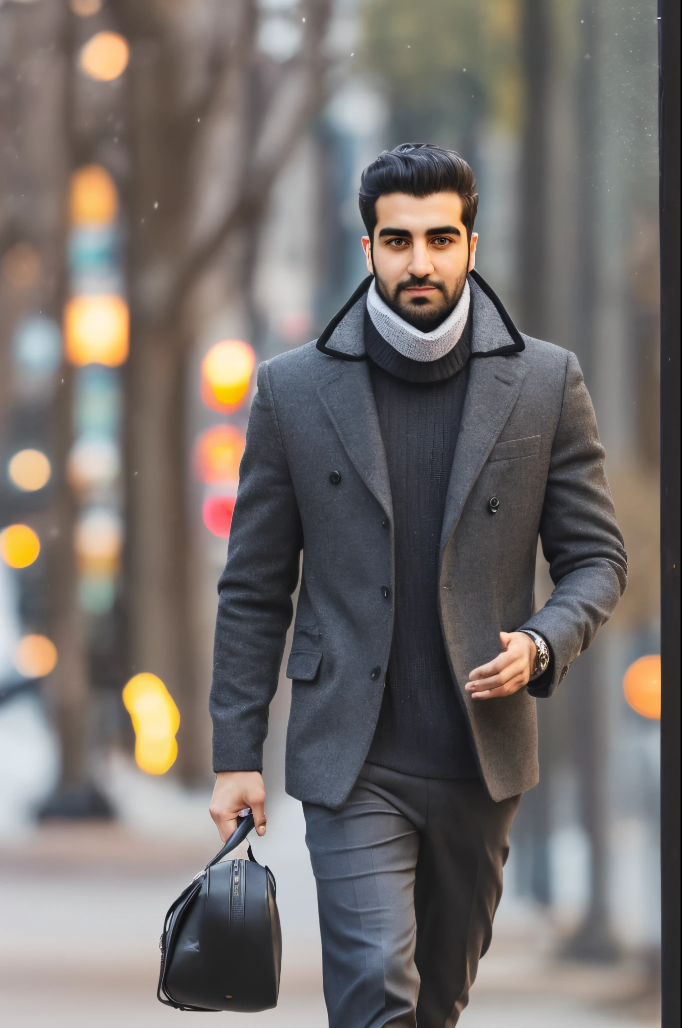 a Persian tall guy with tanned skin and a trimmed short beard in winter black outfit walking in Vancouver streets --auto --s2