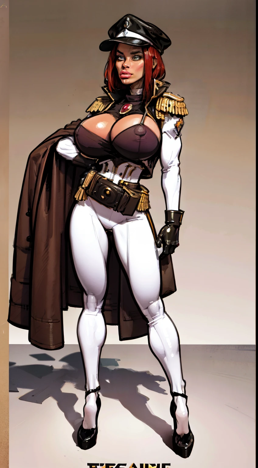 (pale skin:1.2), (white skin:1.5), ((front view:1.3)), pale face, (puffy lips:1.4), (gigantic breasts:1.4), ((gigantic breasts:1.3)), design sheet, masterpiece, (slendered abs:1.2) ,detailed , Forte Stollen typically wears a military-style uniform that reflects her role as a skilled officer. This uniform includes a form-fitting jacket with epaulets, insignia denoting her rank, and matching trousers. She may also wear gloves, and her ensemble is often accented with belts , utility pouches for a practical, combat-ready look, The color scheme is generally consistent with military aesthetics, often featuring shades of green, brown, or gray, shiny skin, beautiful lighting from the side, soft warm light,epic pose, hat, short red hair, dynamic movie poster, masterpiece, high definition, Extreme Detailed Portrait With Bokeh Effect , Realistic Lighting
