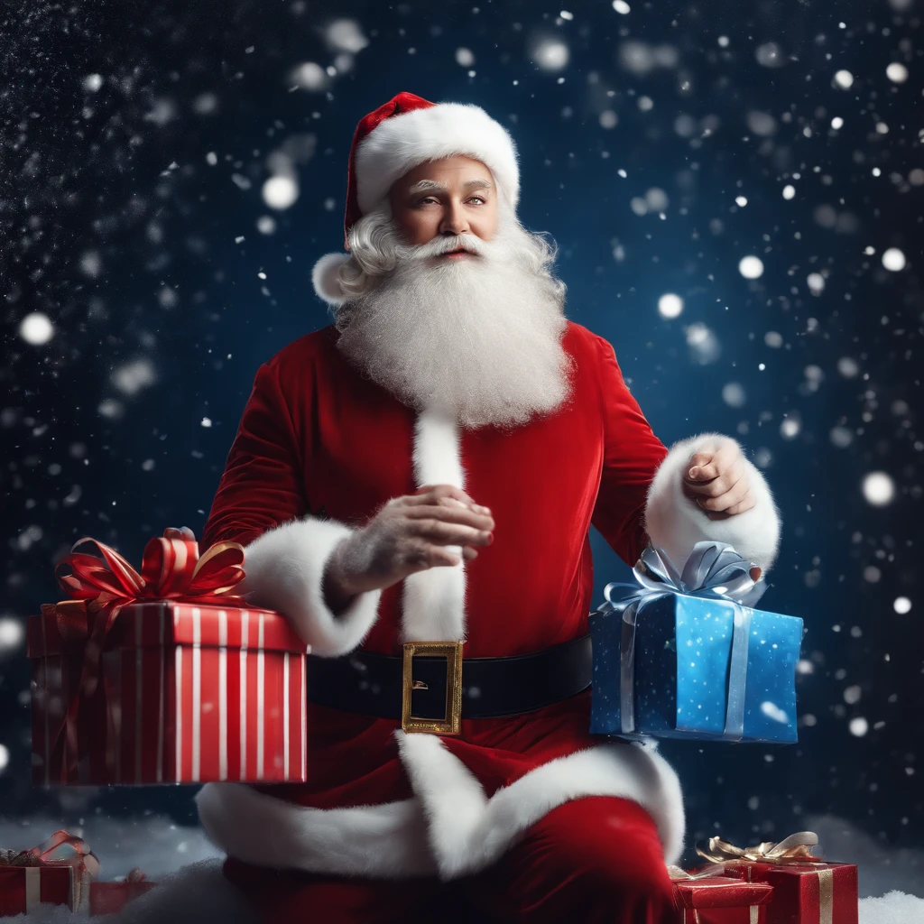 Santa Claus in Red Suit, Beautiful Snow Maiden in Blue Dress with Christmas Gifts, ModelShoot Style, Masterpiece, Detailed, High Quality, Sharp Focus, Dramatic, Photorealistic Painting Art, Pose, Expression, Shins, (Extremely Detailed CG unity 8k Wallpaper)