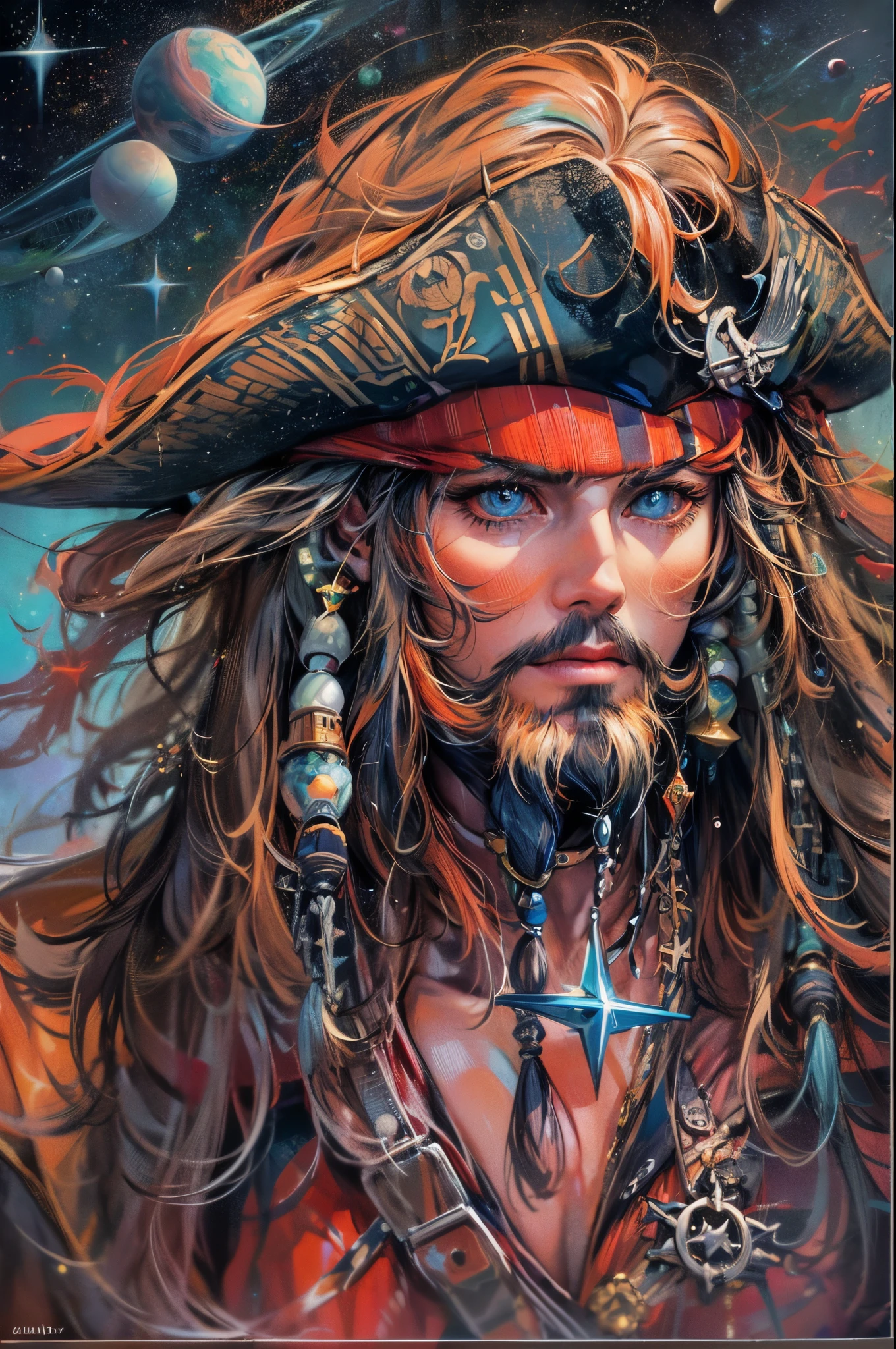 "((Spacefaring pirate)) Jack Sparrow, cosmic atmosphere, stellar winds in hair, ((extraterrestrial treasures)), dynamic space ship, ((vivid and contrasting colors)),