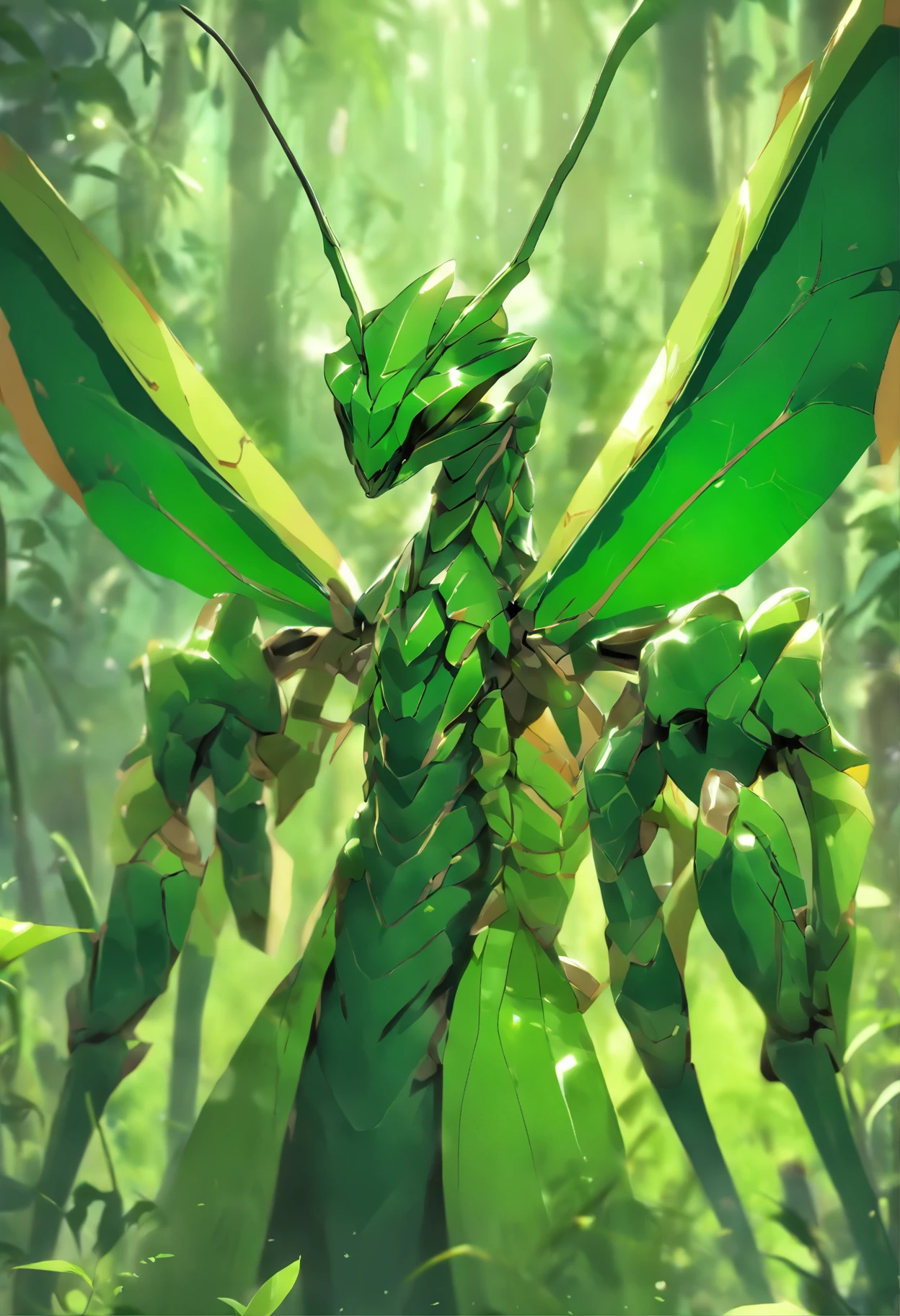 high quality rendering,(8K、Best quality、tmasterpiece:1.2)、(Endless realism、Photorealsitic:1.37)、hyper-detailing,hyper HD,A mantis magnified ten times,zerg,Live wallpaper,This is a painting of a praying mantis resting in a fantasy world,(Dark green insect carapace:1.2),(Exaggerated mantis forelimbs,Carapace with leaf texture:1.3),｛Death and Skeletons,three different elements, Time and Mantis, used to design this character.:1.4｝,monster hunter,((handsome insect,Wrapped in a thick and powerful suit of armor. The metal plate is decorated with an intricate design,This piece of armor highlights the size of the forelimbs)),Insect characters in card games