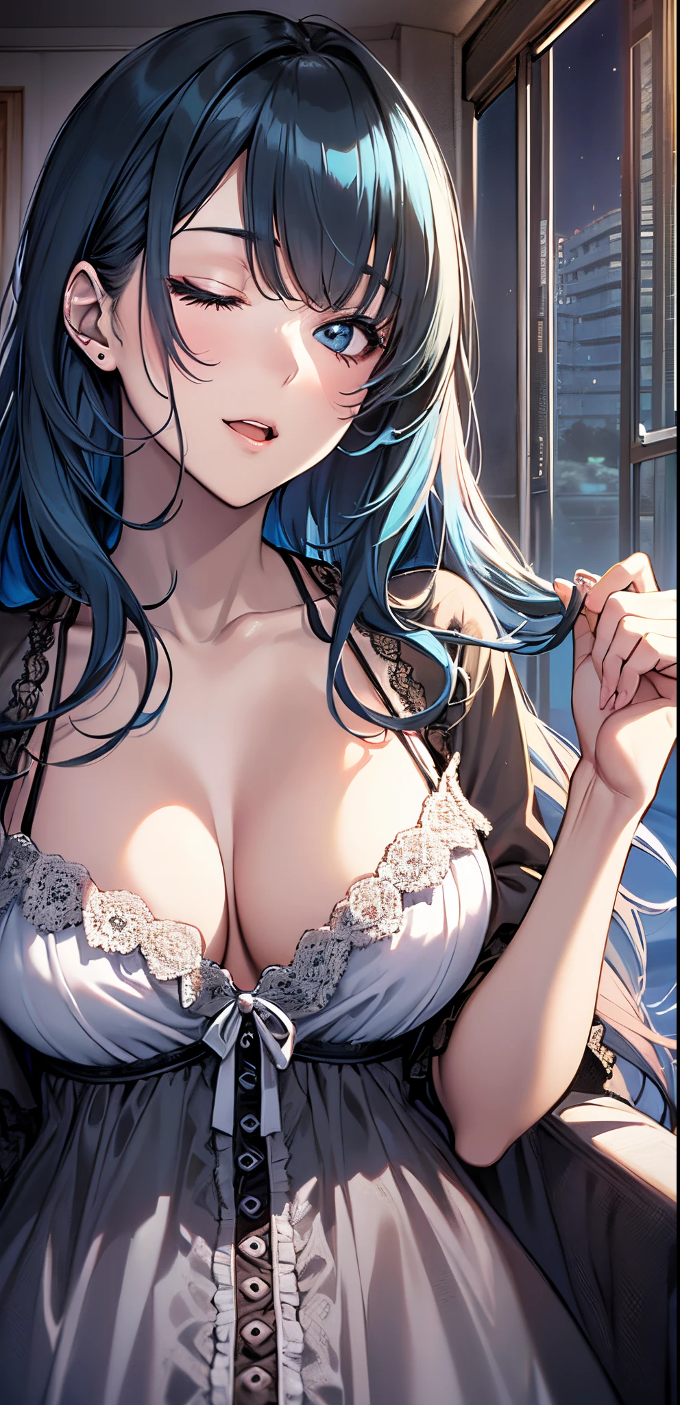 top-quality、supreme1People Girls,hightquality,, ((masuter piece)), ((High resolution)), ((Best Quality)), detail, (cum faced、Excited face.Very happy,), ((Glossy skin)), Young Woman:1.4、(Black nightgown:1.3)、 girl with, lightblue hair, (Straight、Bangs Patsun)、、fair white skin:1.3、((sleeps in a bed:1.6))、Colossal tits, cinmatic lighting, perfectly shaded,(((Bedroom at night))), Realistic lighting with shades,