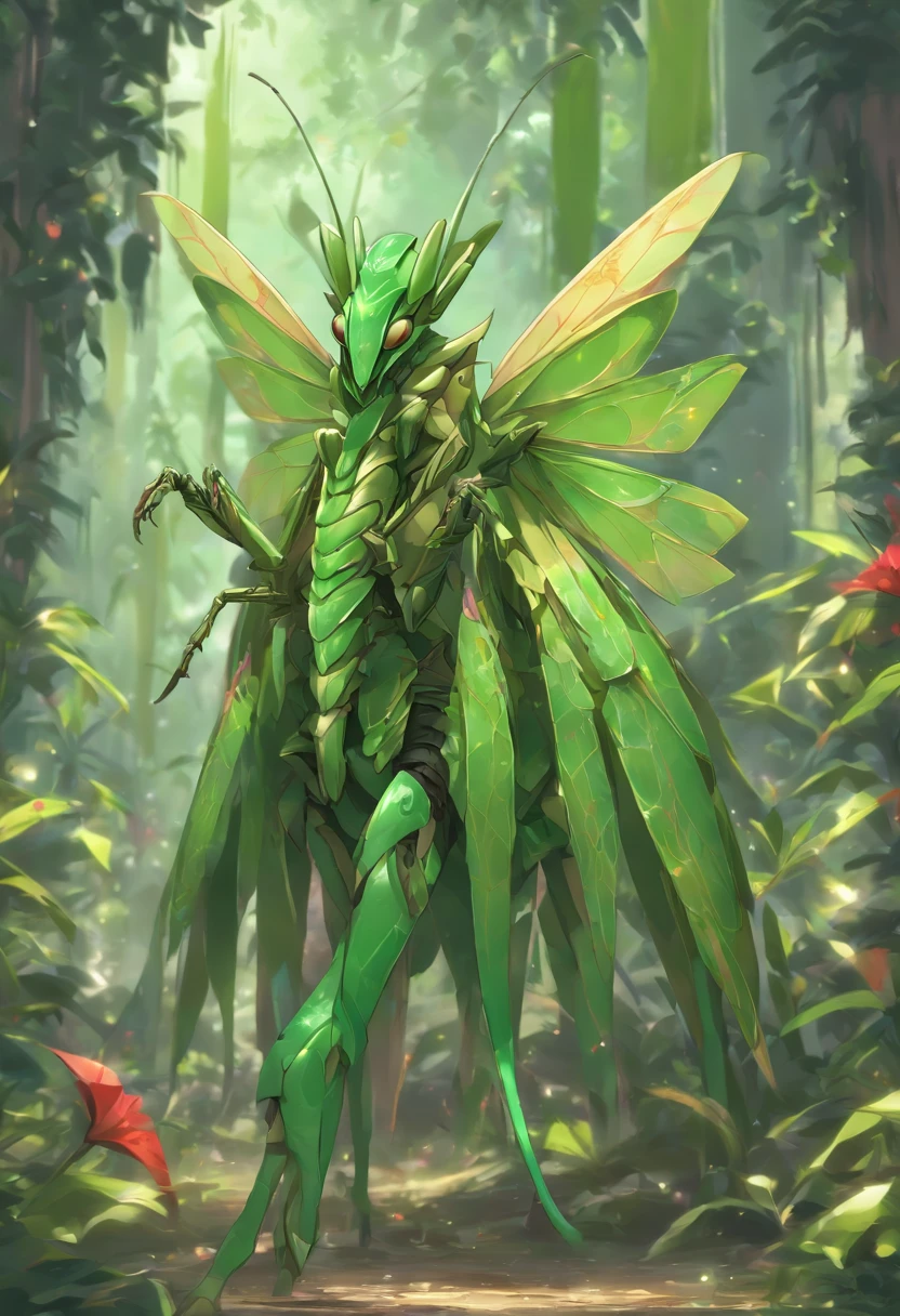 high quality rendering,(8K、Best quality at best、tmasterpiece:1.2)、(Endless realism、フォトリアリスティック:1.37)、hyper-detailing,hyper HD,A mantis magnified ten times,zerg,Live wallpaper,This is a painting of a praying mantis resting in a fantasy world,(Dark green insect carapace:1.2),(Exaggerated mantis forelimbs,Carapace with leaf texture:1.3),{Death and Skeletons,three different elements, Time and Mantis, used to design this character.:1.4},monster hunter,((handsome insect,Wrapped in thick and powerful armor. The metal panels are decorated with intricate designs,This piece of armor accentuates the size of the scythe's forelimbs)),Insect characters in card games